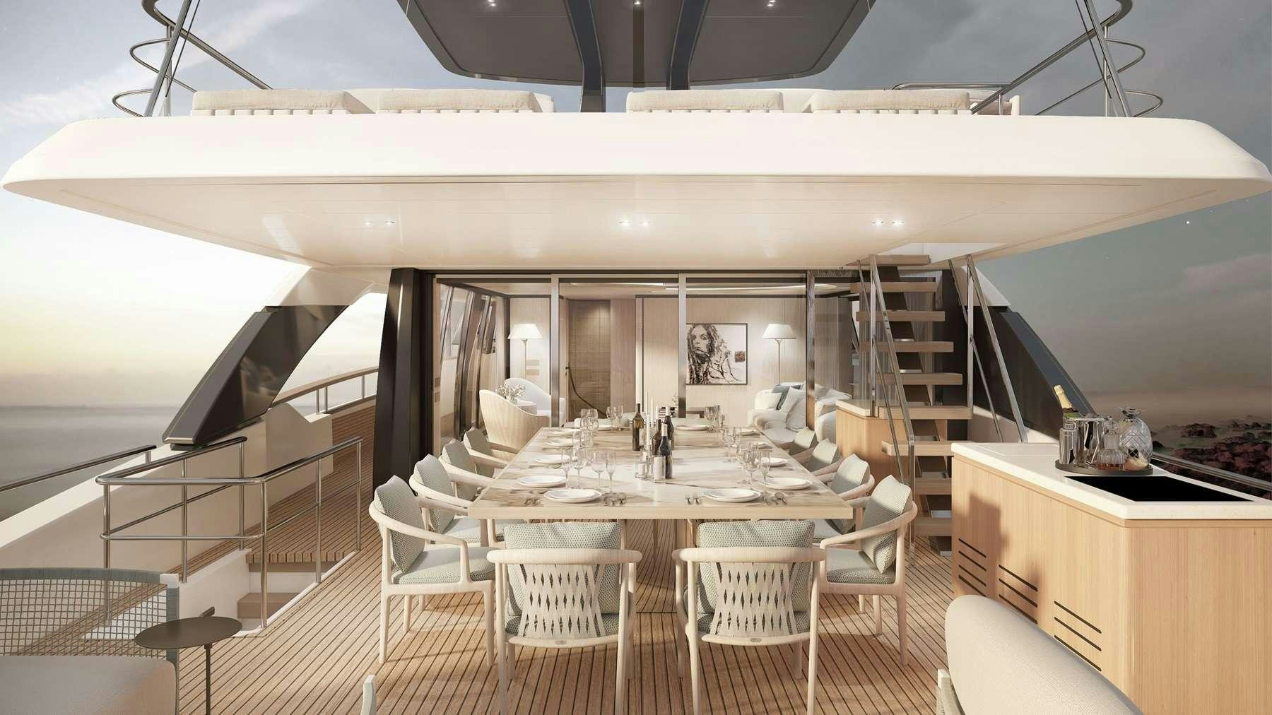 a large room with tables and chairs aboard UNIQUE S Yacht for Charter