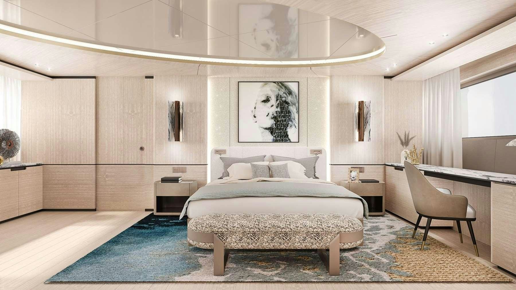 a large bedroom with a large bed aboard UNIQUE S Yacht for Charter