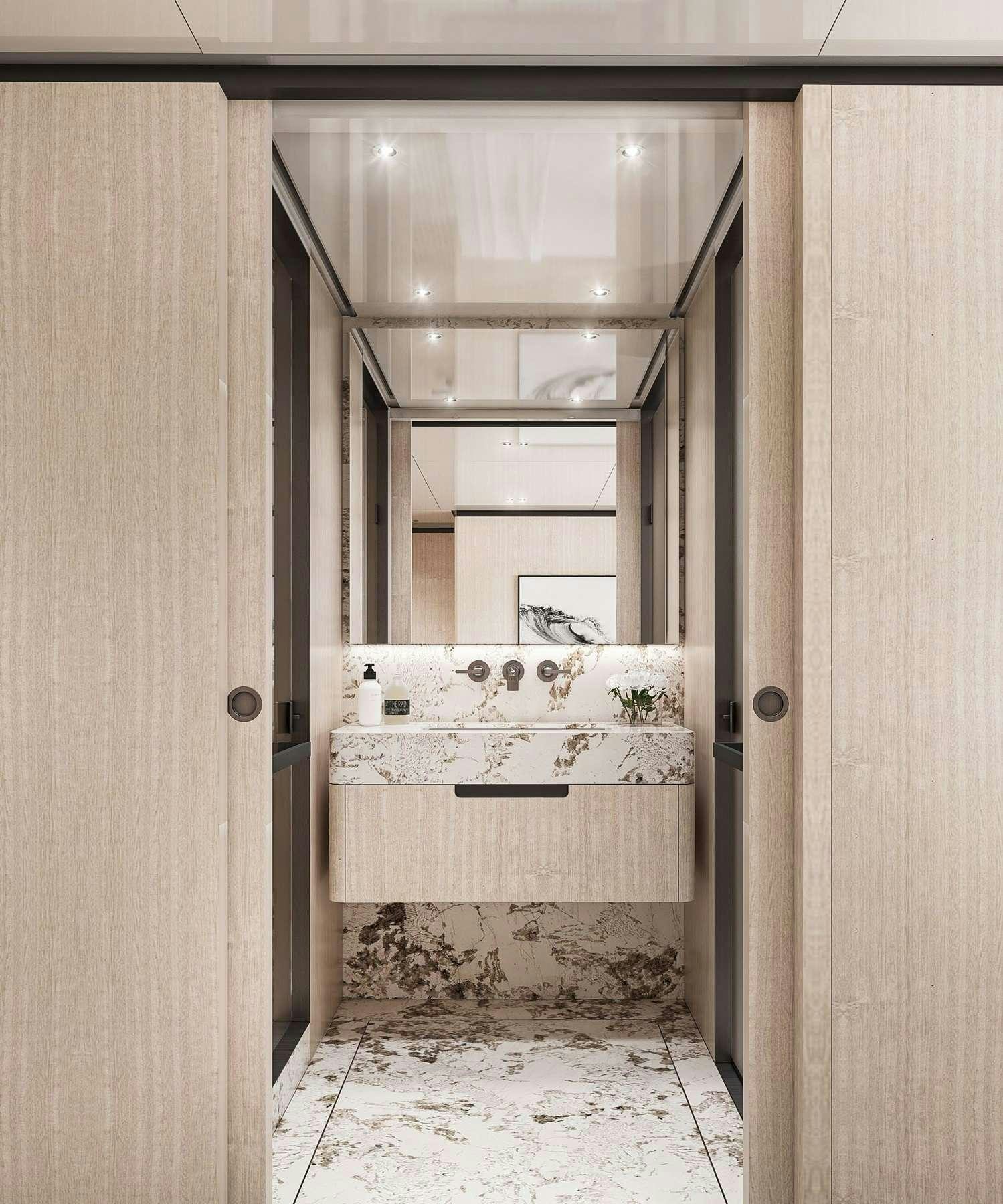 a door with a bench on it aboard UNIQUE S Yacht for Charter