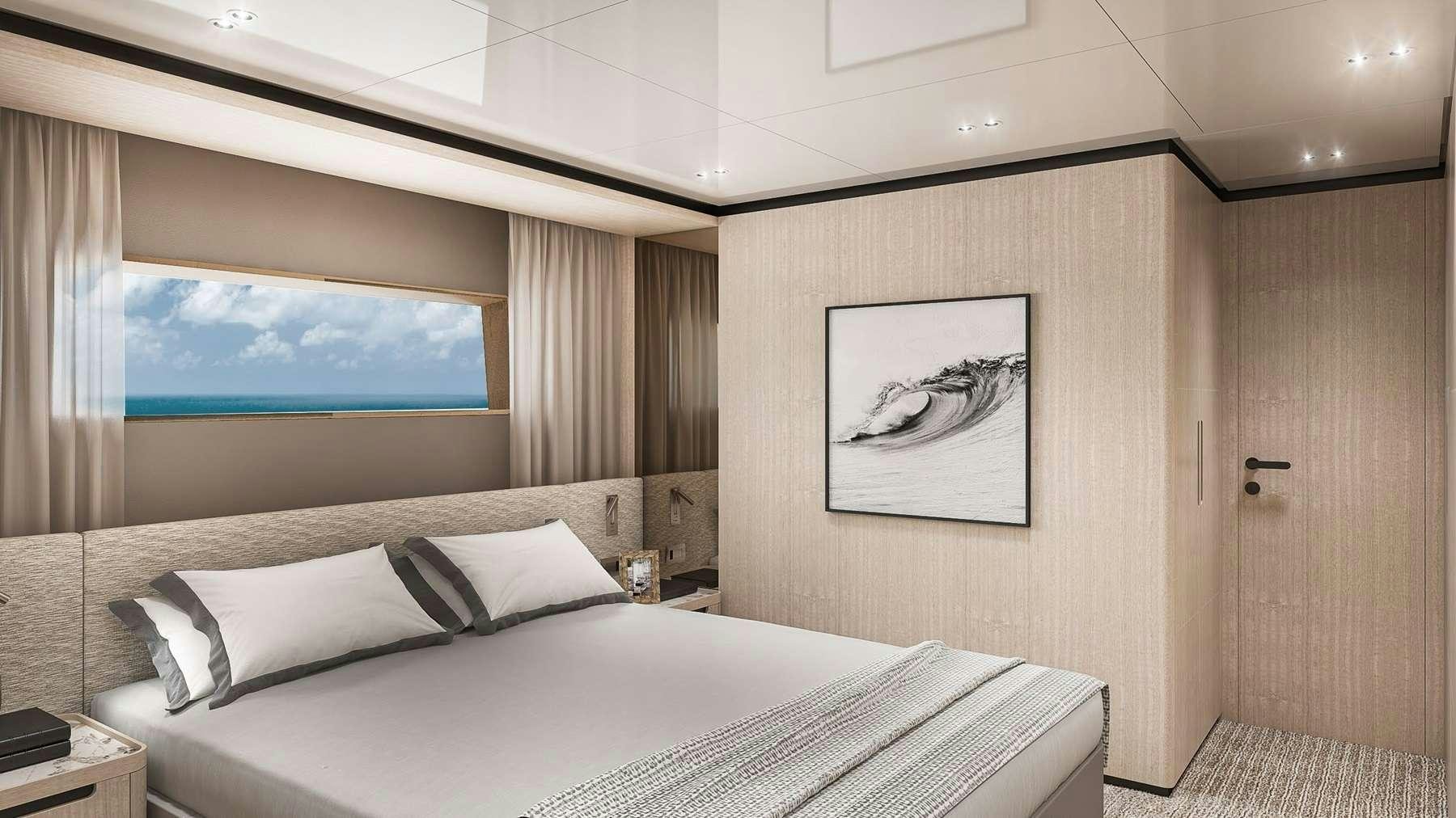 a room with a bed and a painting on the wall aboard UNIQUE S Yacht for Charter