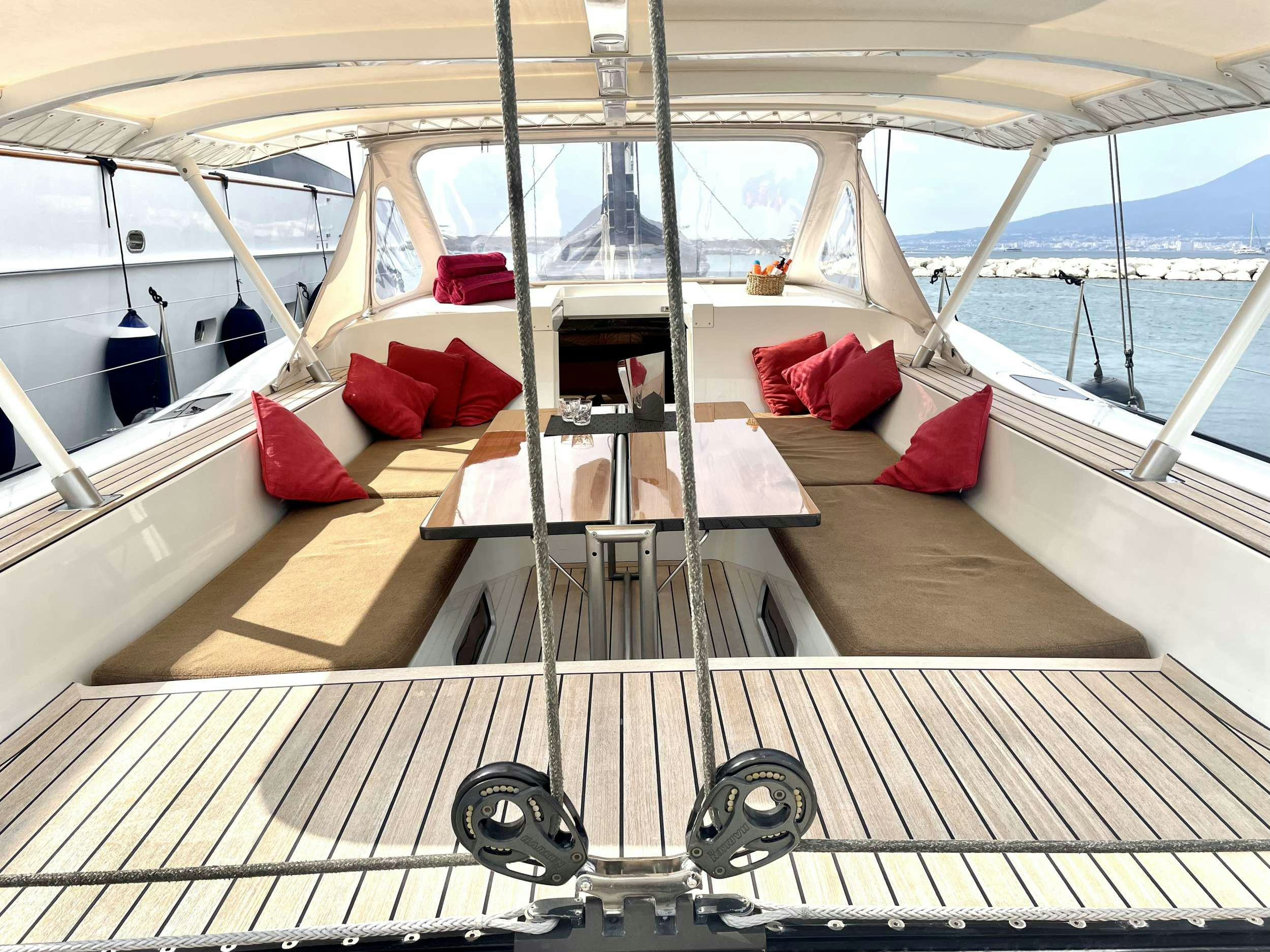 a deck with a view of the ocean and the deck aboard BLACK PEARL II Yacht for Charter