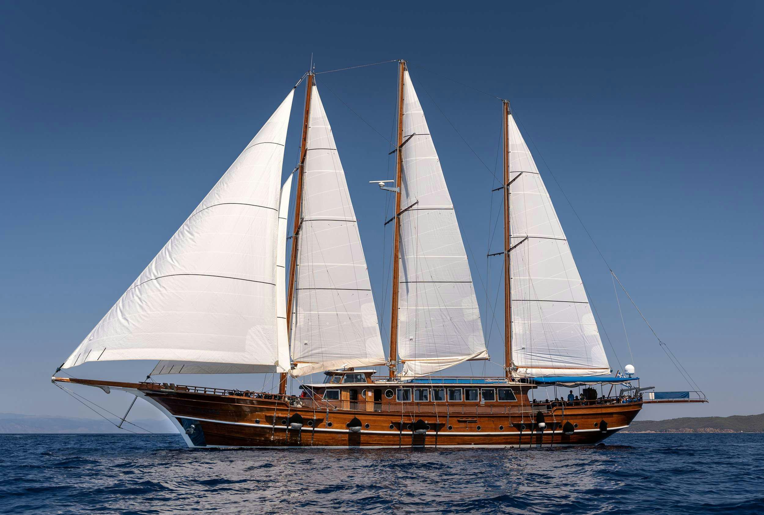 a large sailboat on the water aboard THALASSA Yacht for Charter