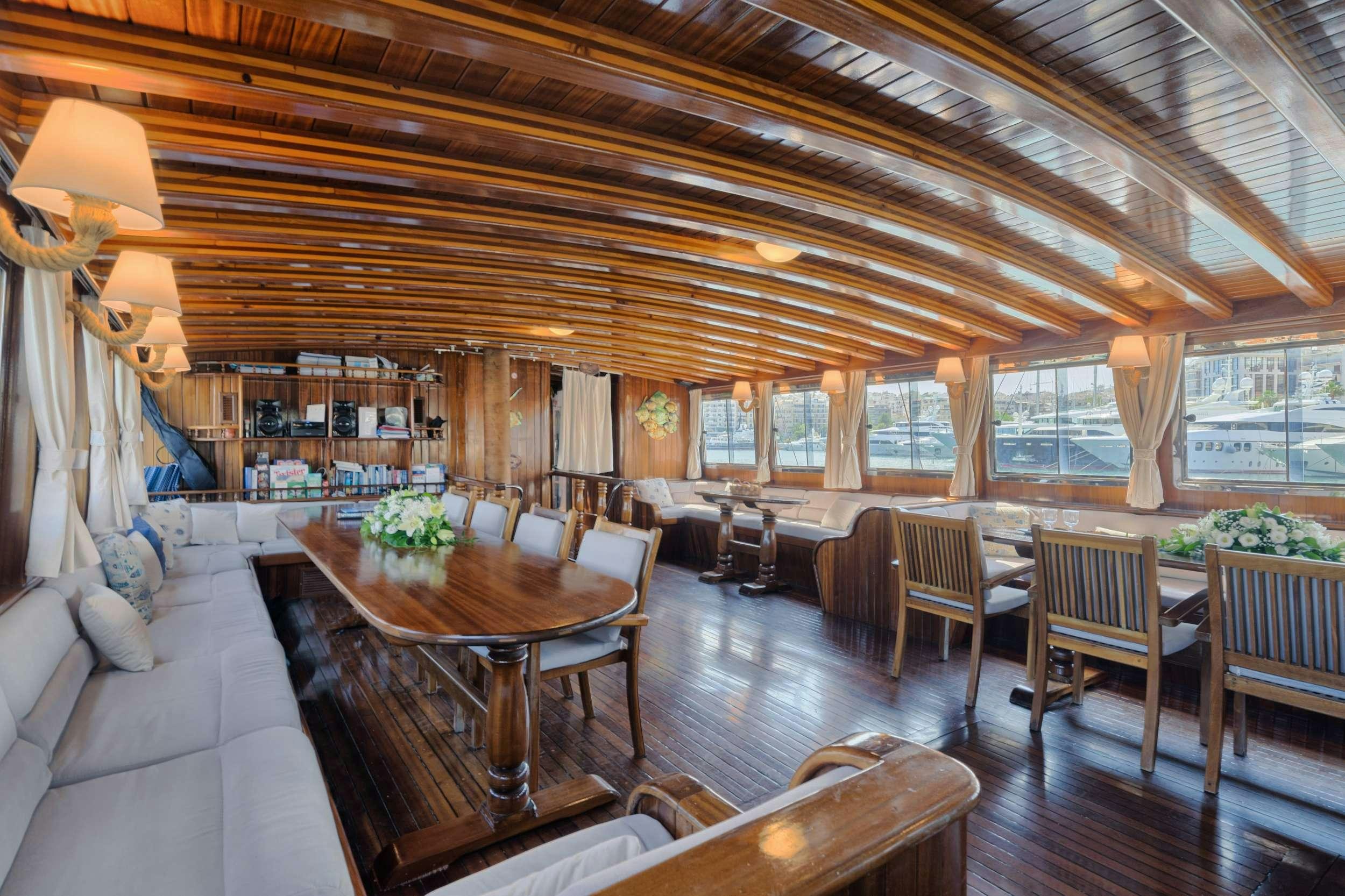 a large room with a table and chairs aboard THALASSA Yacht for Charter
