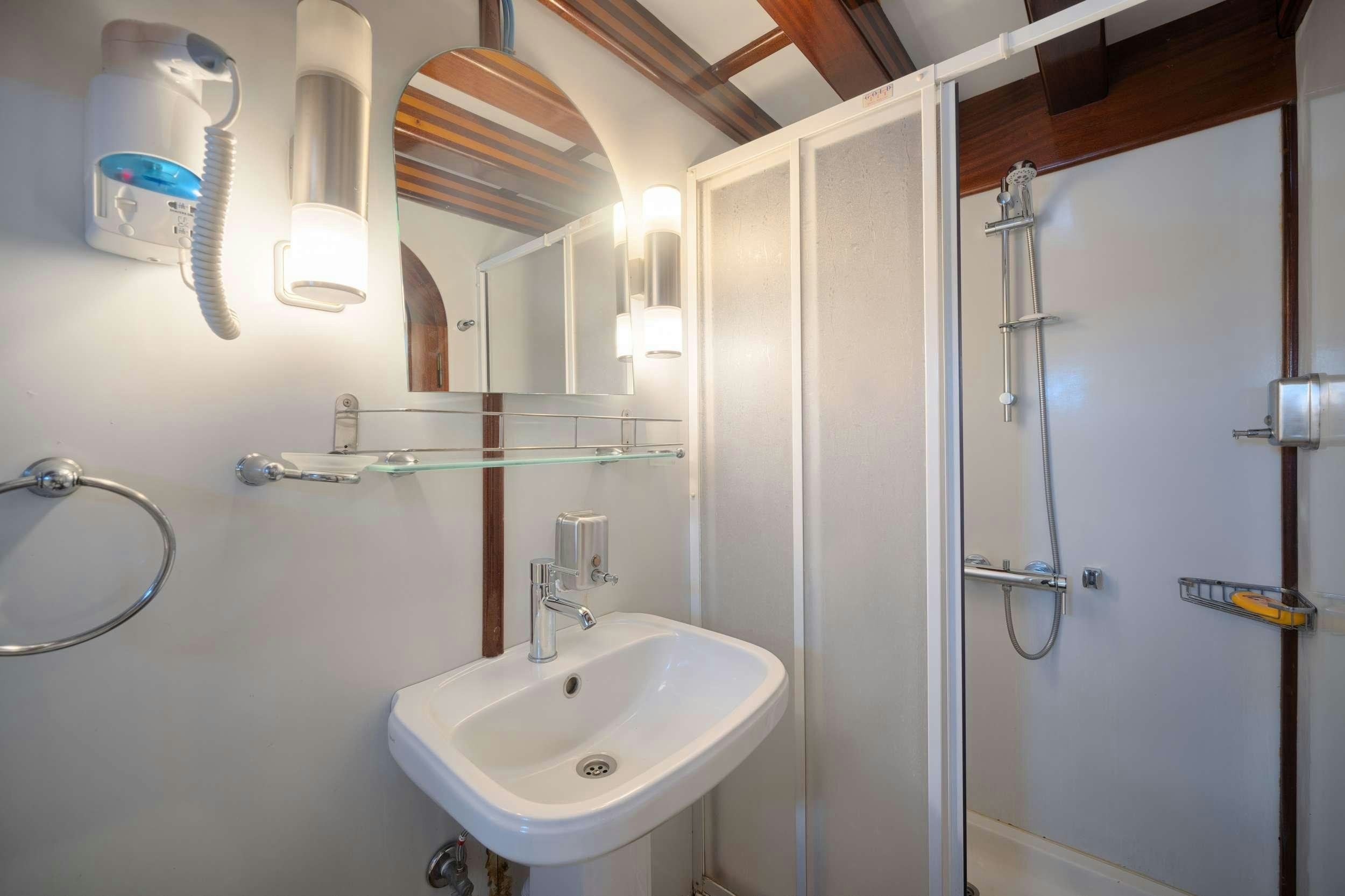 a bathroom with a sink and shower aboard THALASSA Yacht for Charter