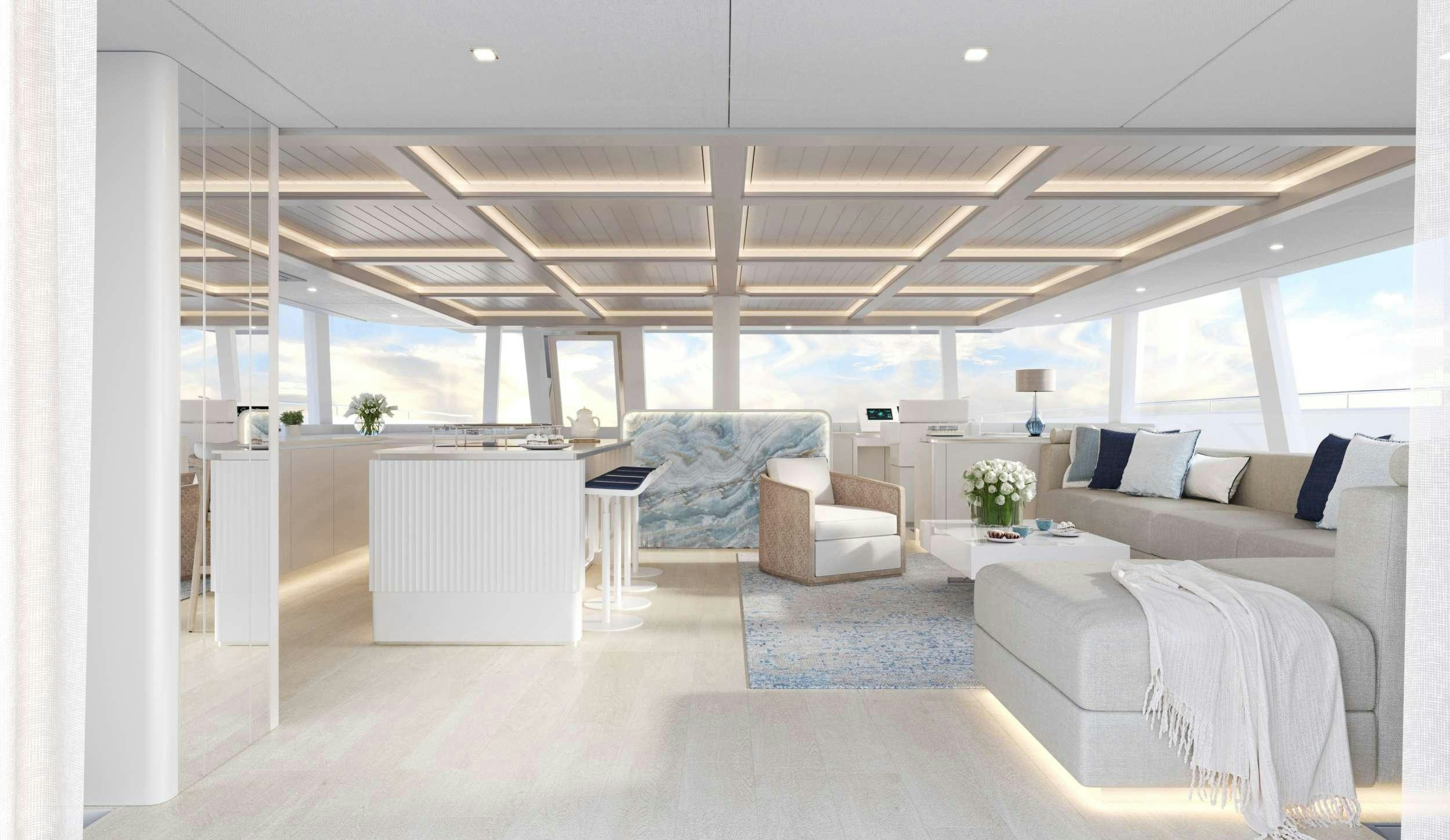 a room with white furniture aboard MISCHIEVOUS Yacht for Charter