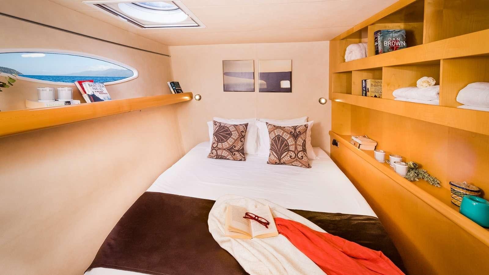 a room with two beds aboard ZORBA CAT Yacht for Charter
