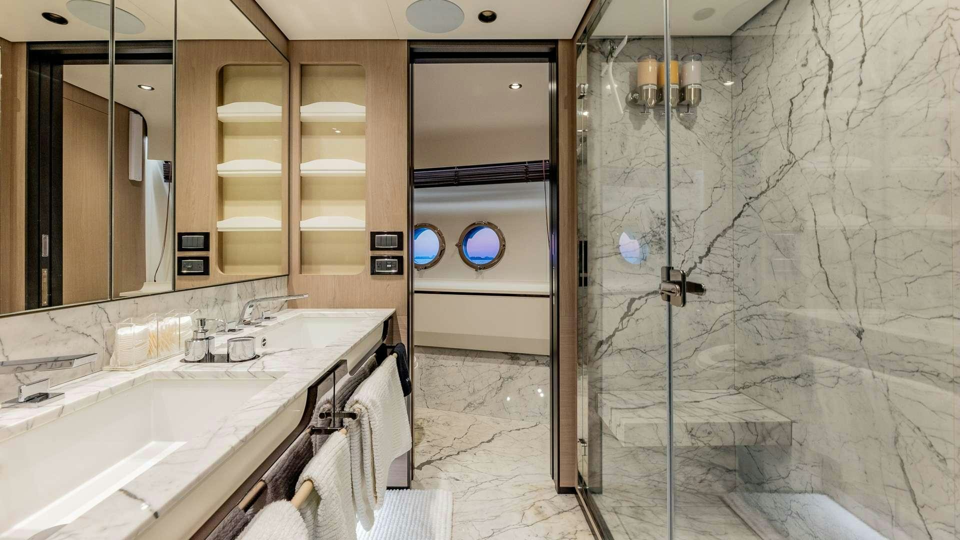 a bathroom with a shower aboard 4 PLAY Yacht for Charter