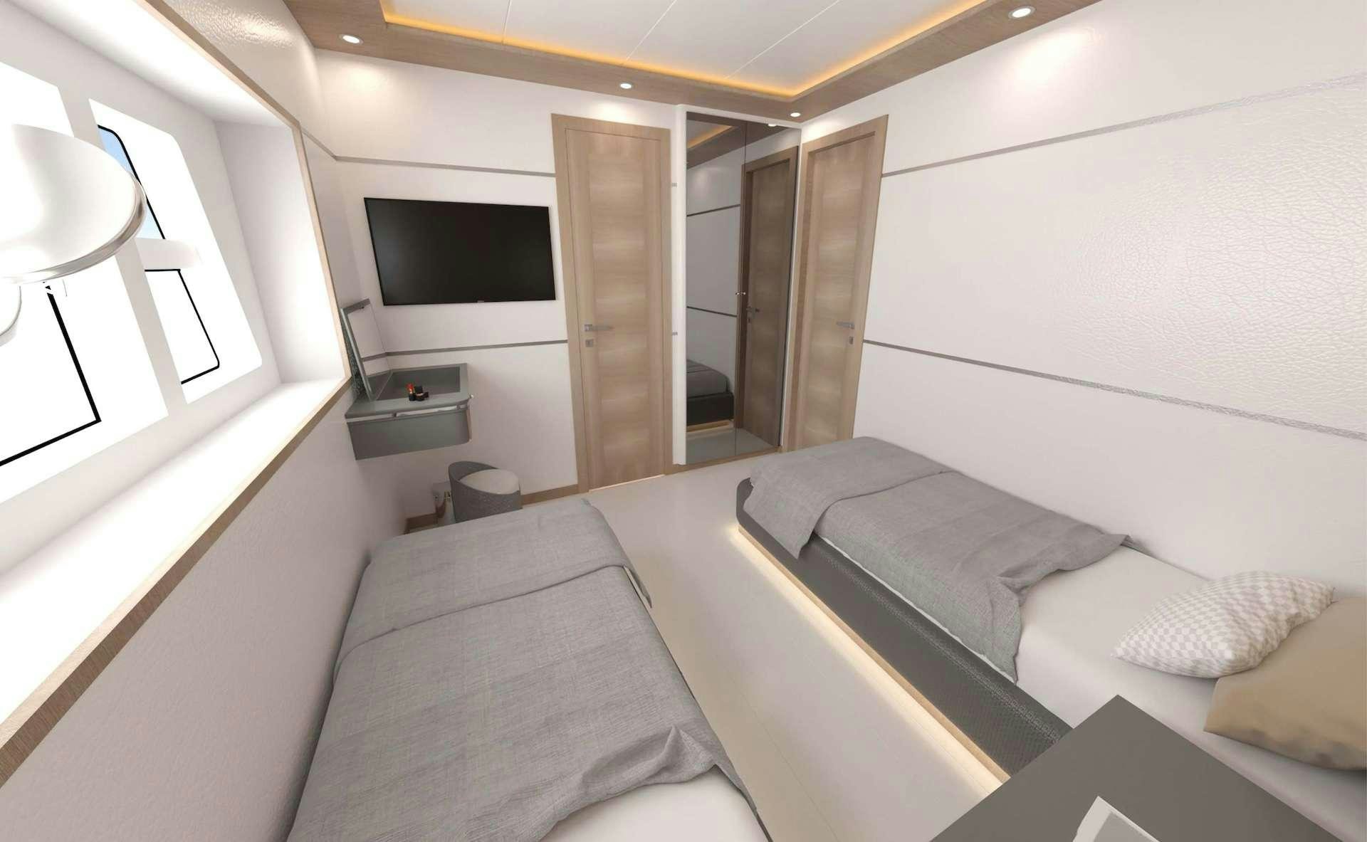 a room with a bed and a tv aboard LAVIN Yacht for Charter
