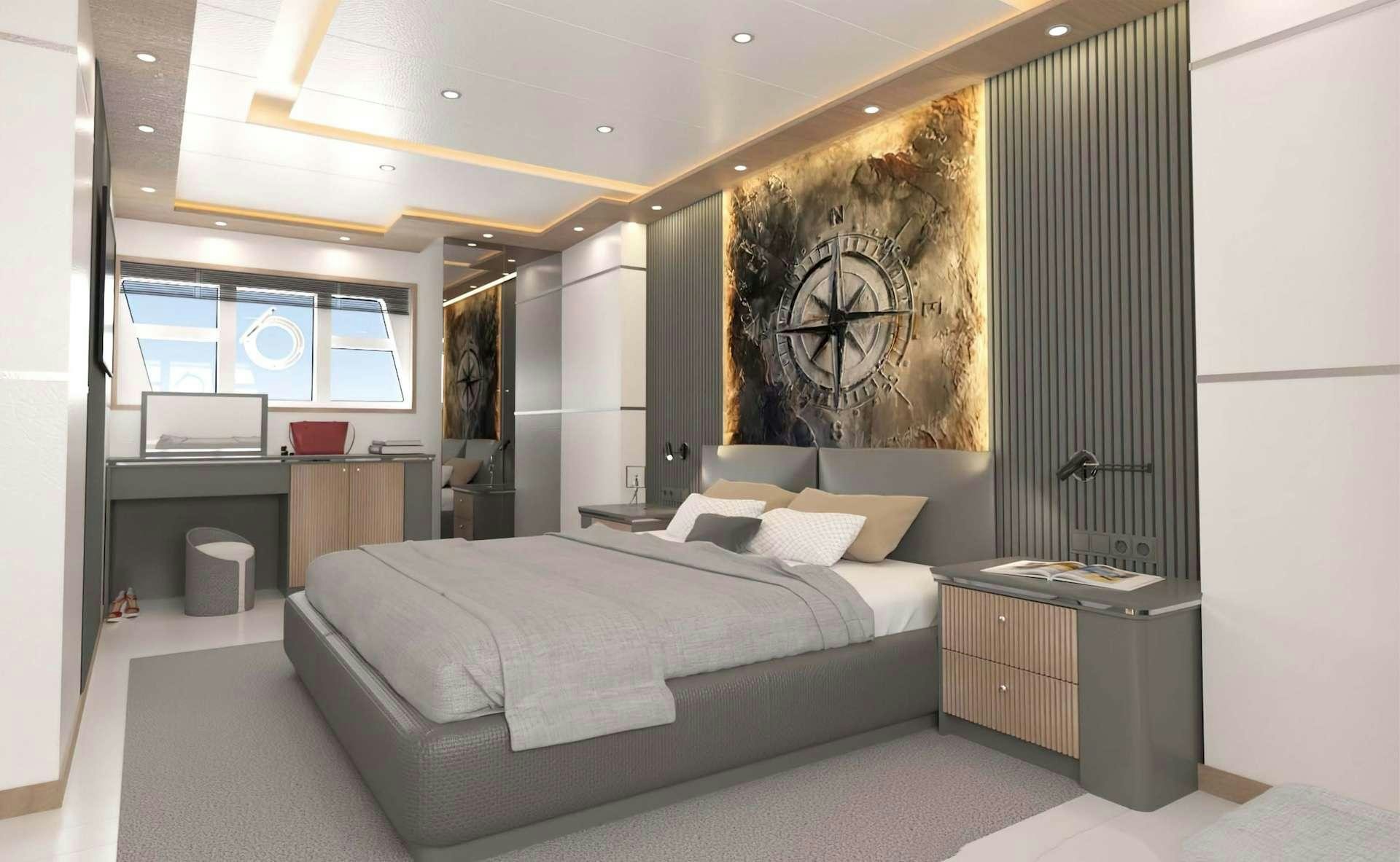 a bedroom with a bed and a desk aboard LAVIN Yacht for Charter