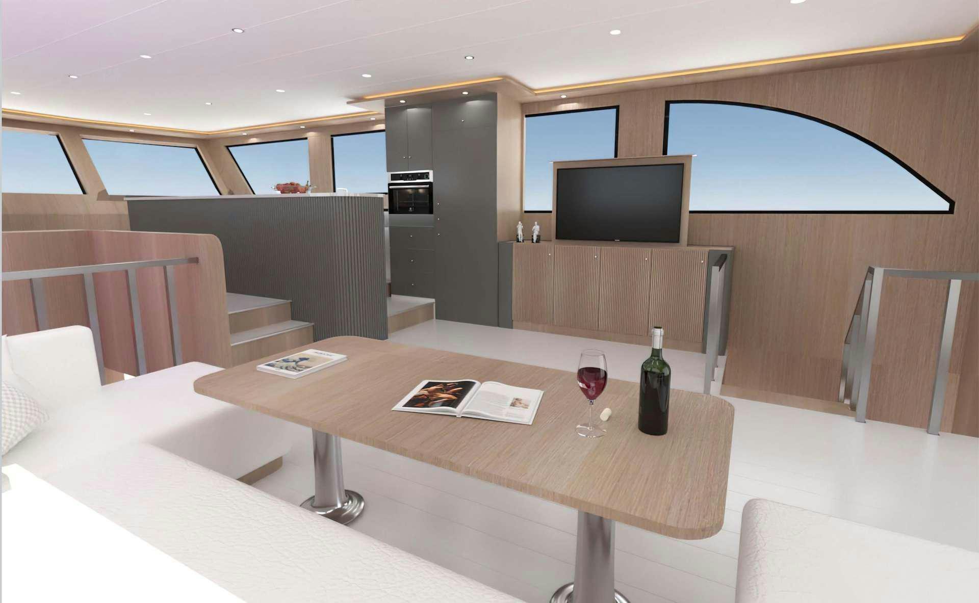 a room with a table and chairs aboard LAVIN Yacht for Charter