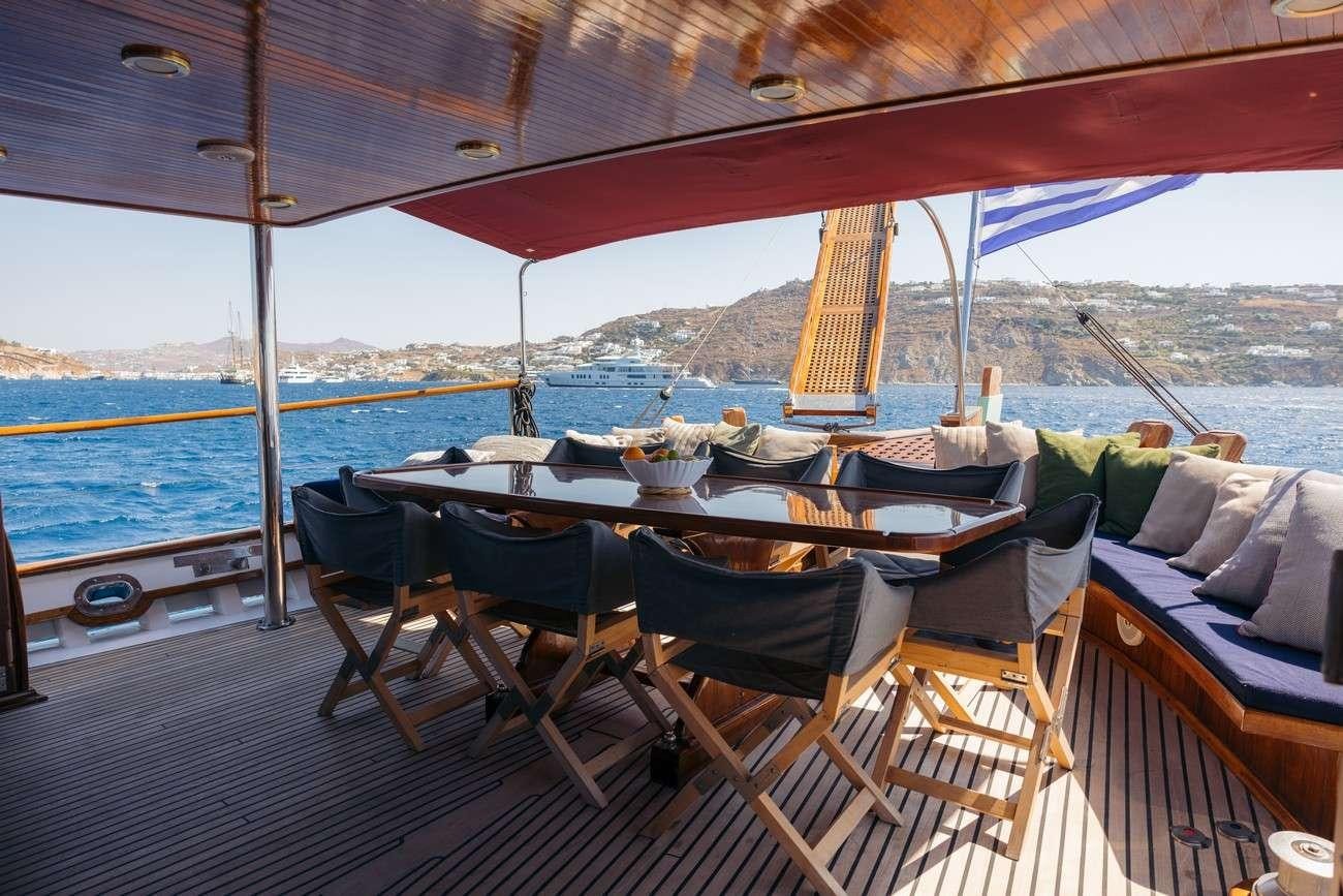 a table and chairs on a deck aboard SEATZEN Yacht for Charter
