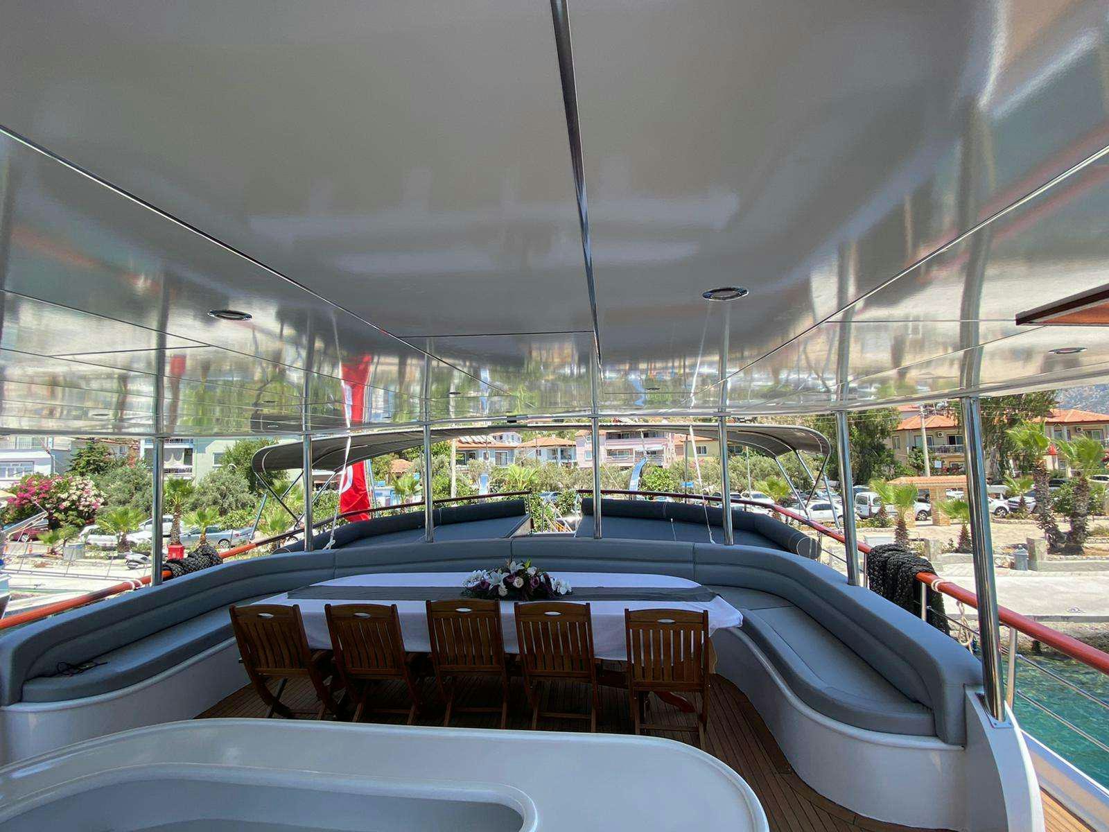 a boat with chairs on the deck aboard LA MIA STELLA Yacht for Charter