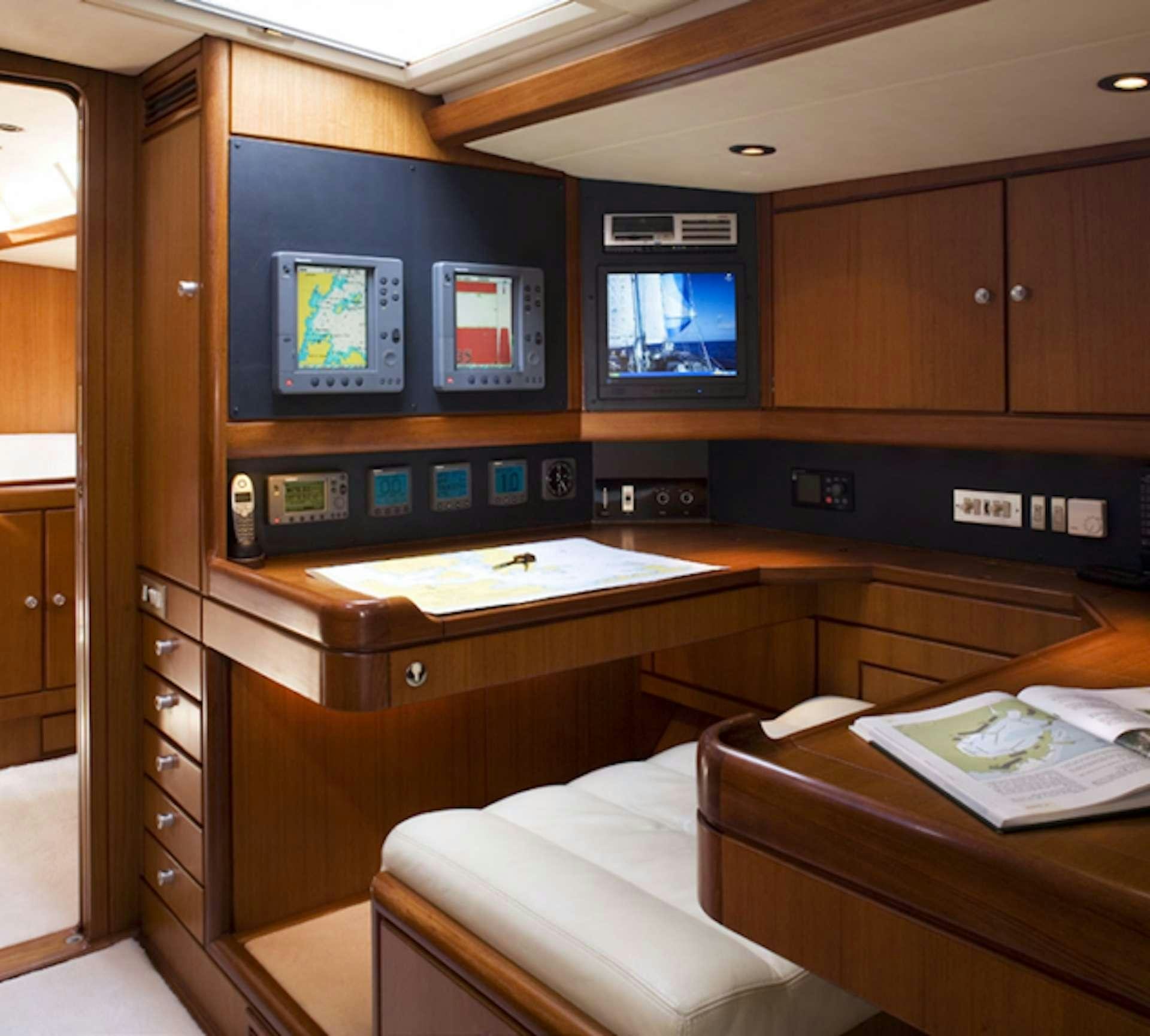 a room with a desk and a tv aboard ABEON Yacht for Charter