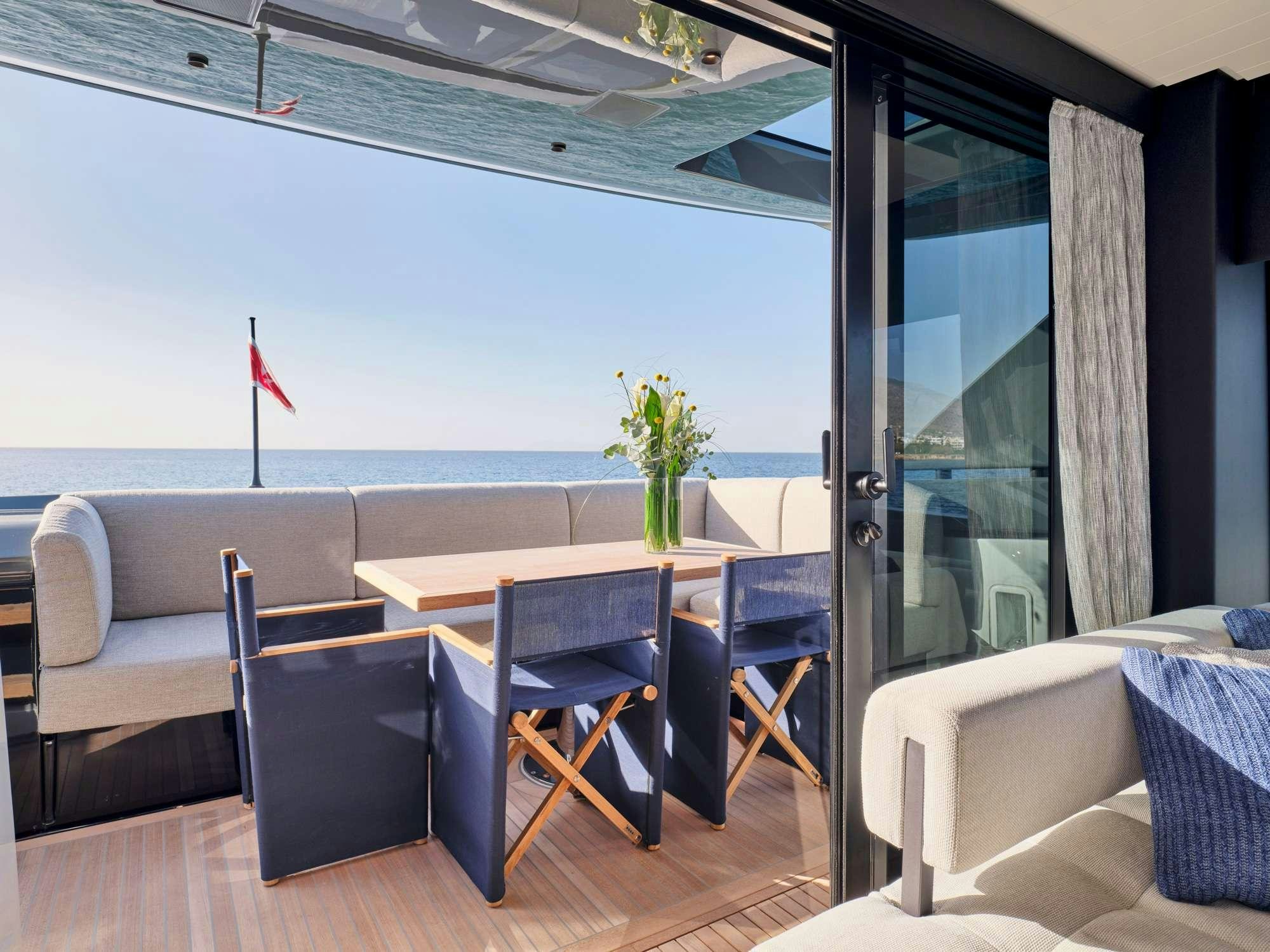 a table and chairs on a deck aboard DUCHESS Yacht for Charter
