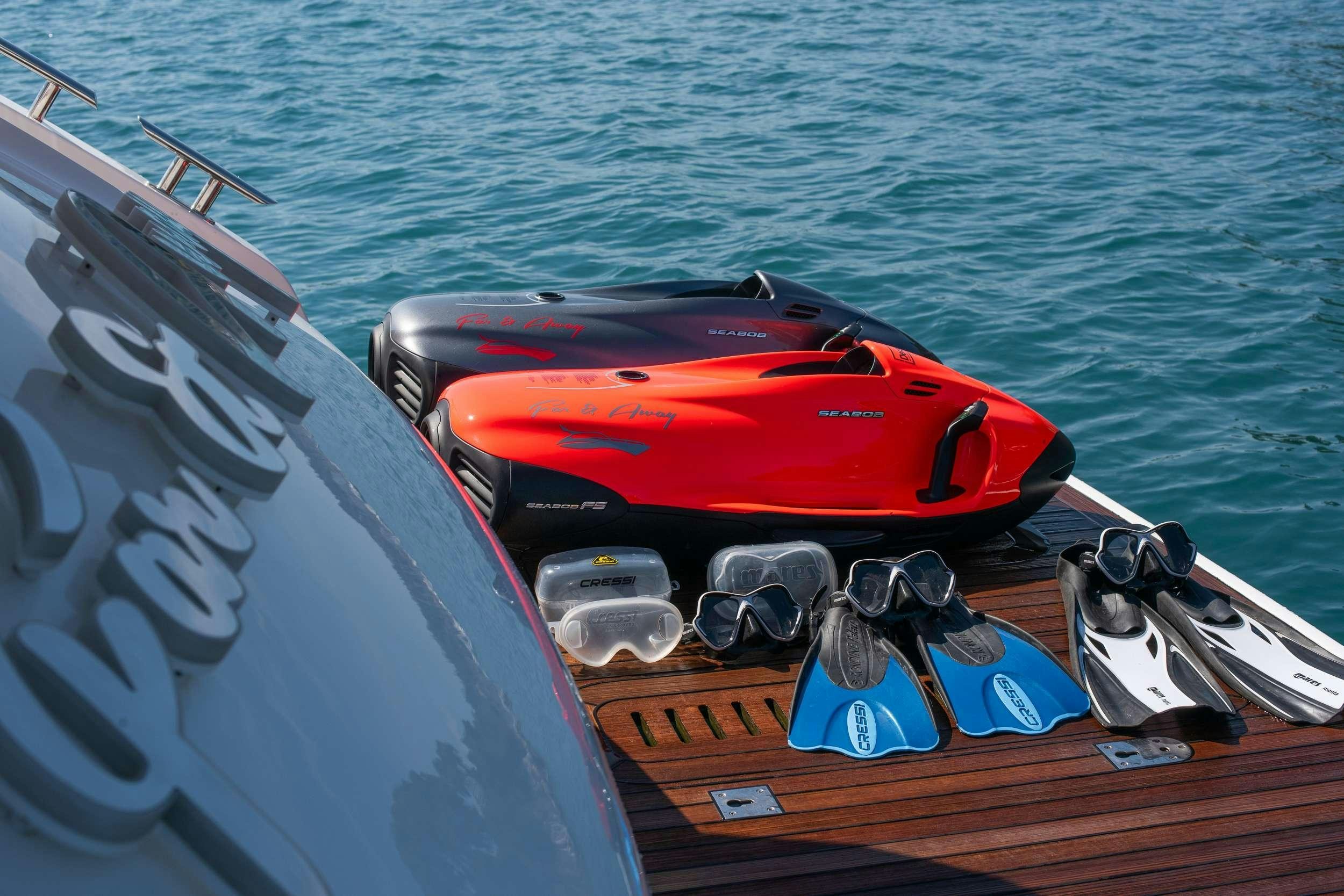 a boat with a red and blue paddle on the front aboard FAR & AWAY Yacht for Charter