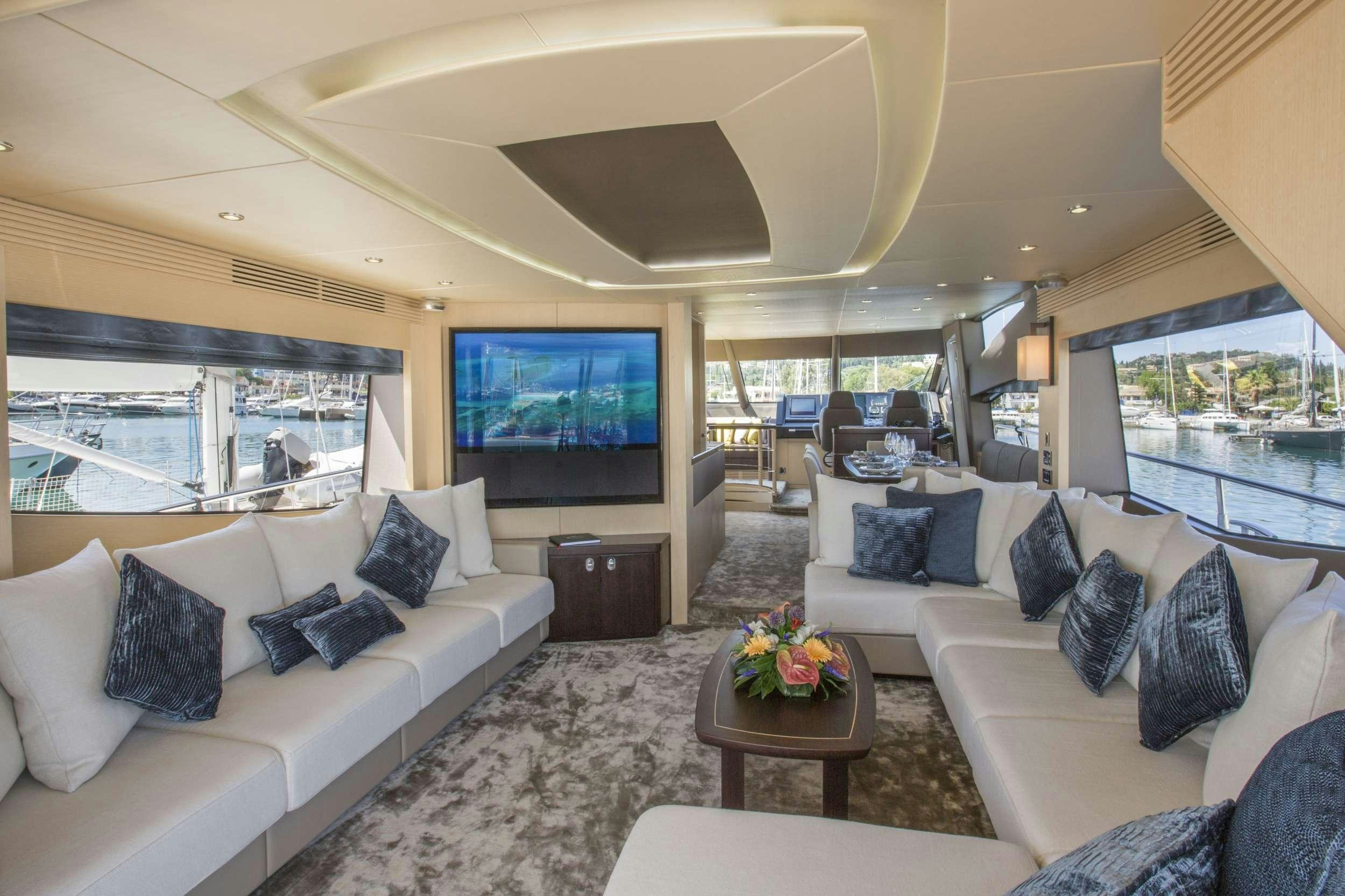 a living room with a large screen aboard FINEZZA Yacht for Charter