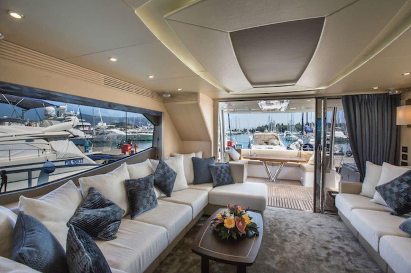a living room with a large window aboard FINEZZA Yacht for Charter