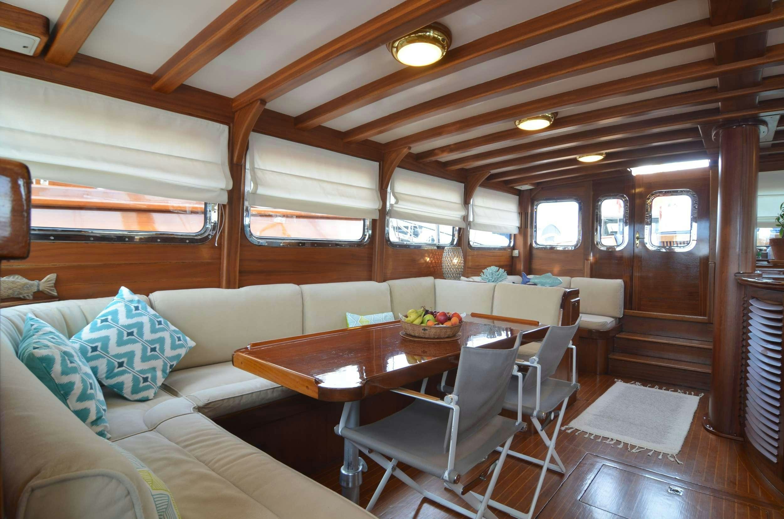 a room with a table and chairs aboard MAR E MAR Yacht for Charter