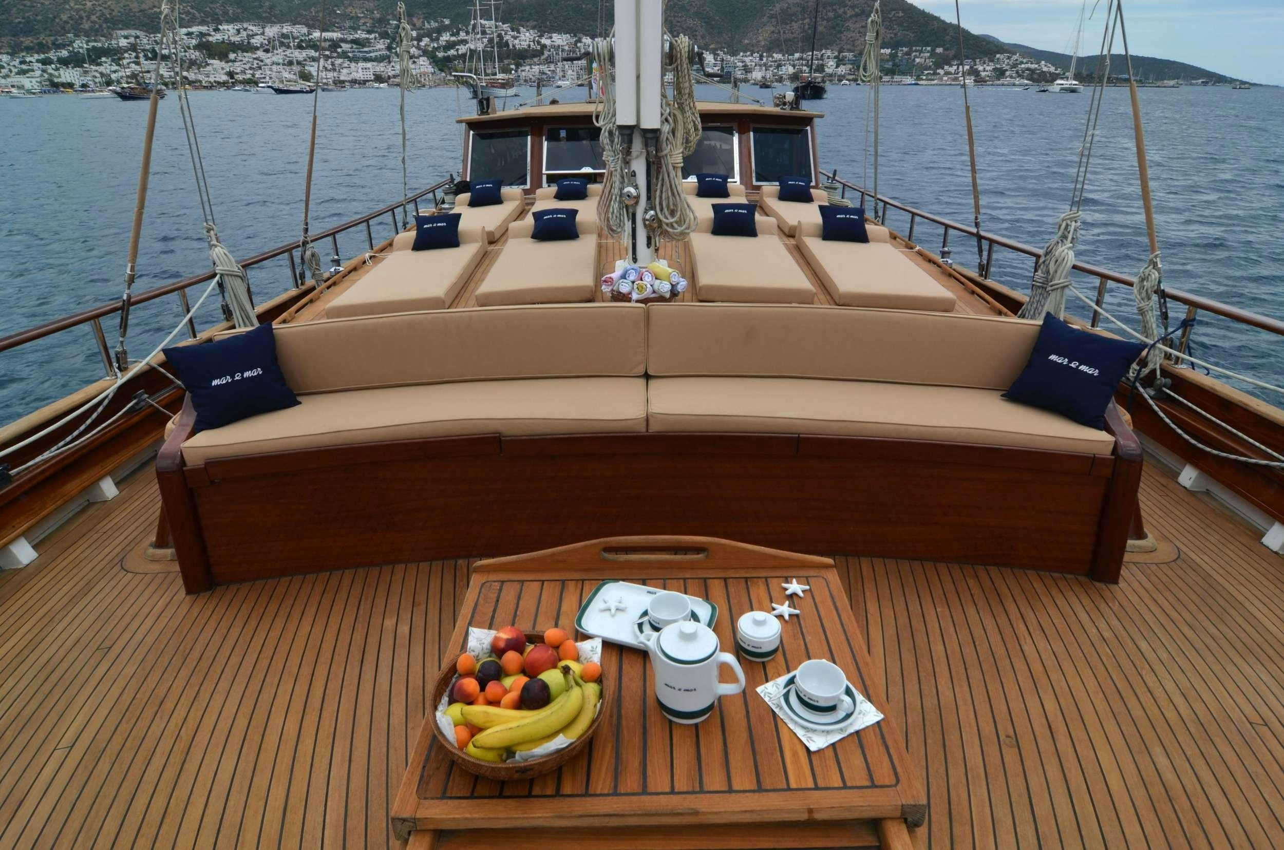 a boat with fruit on a deck aboard MAR E MAR Yacht for Charter