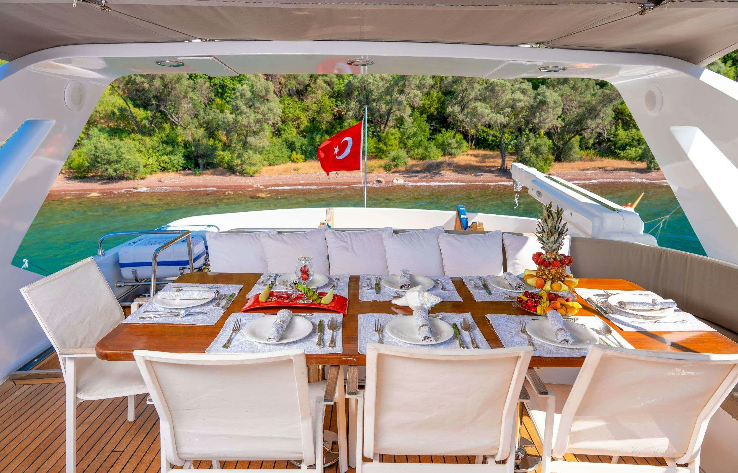 a table set for a dinner party aboard BLUES Yacht for Charter