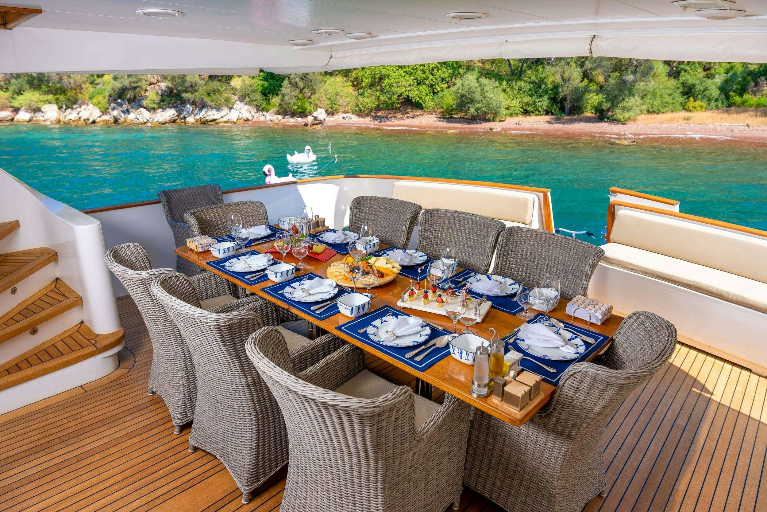 a table set for a meal on a deck overlooking a pool aboard BLUES Yacht for Charter