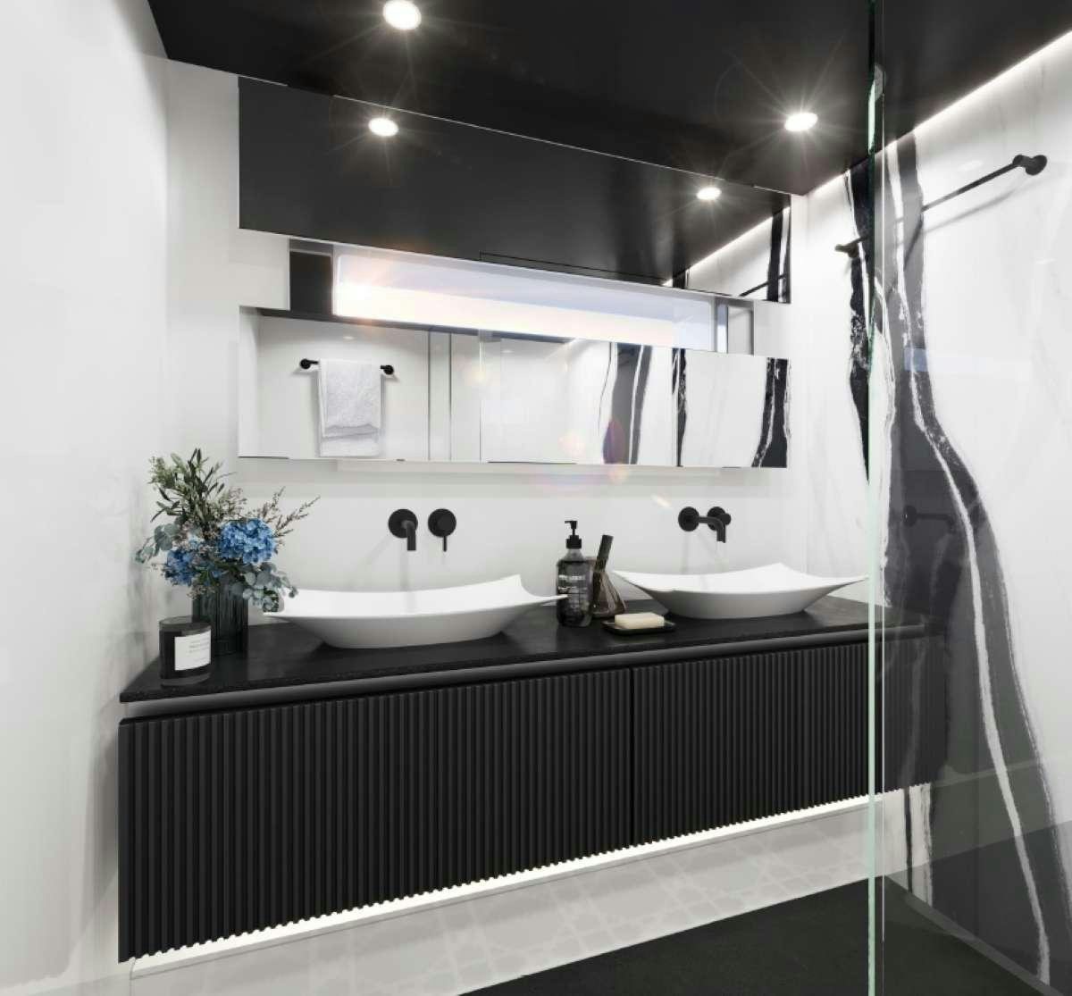 a bathroom with sinks and mirrors aboard MARIA THERESE Yacht for Charter