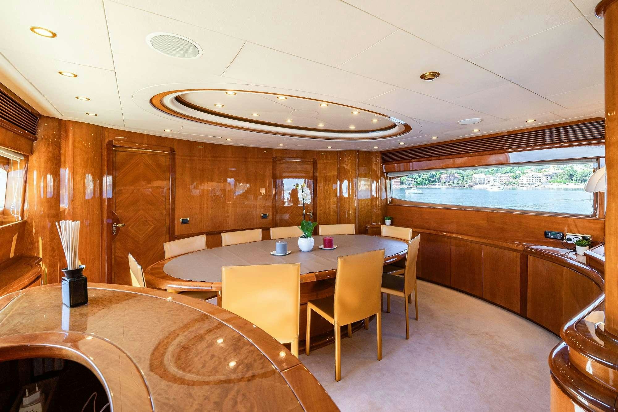 a large room with tables and chairs aboard BEIJA FLORE Yacht for Charter