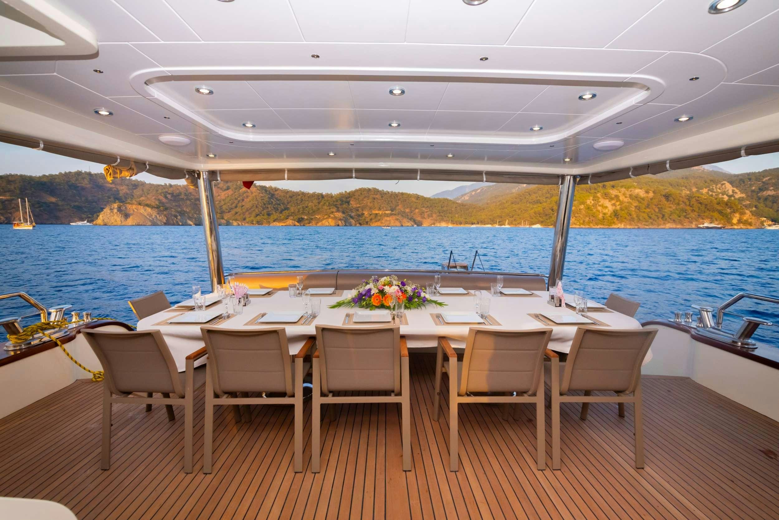 a table set for a dinner on a deck overlooking a body of water aboard 88 YACHT Yacht for Charter