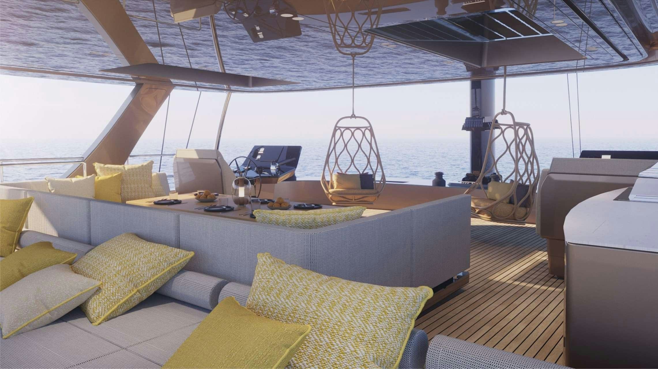 a living room with a large window aboard SUNREEF ECO 80 2024 Yacht for Charter