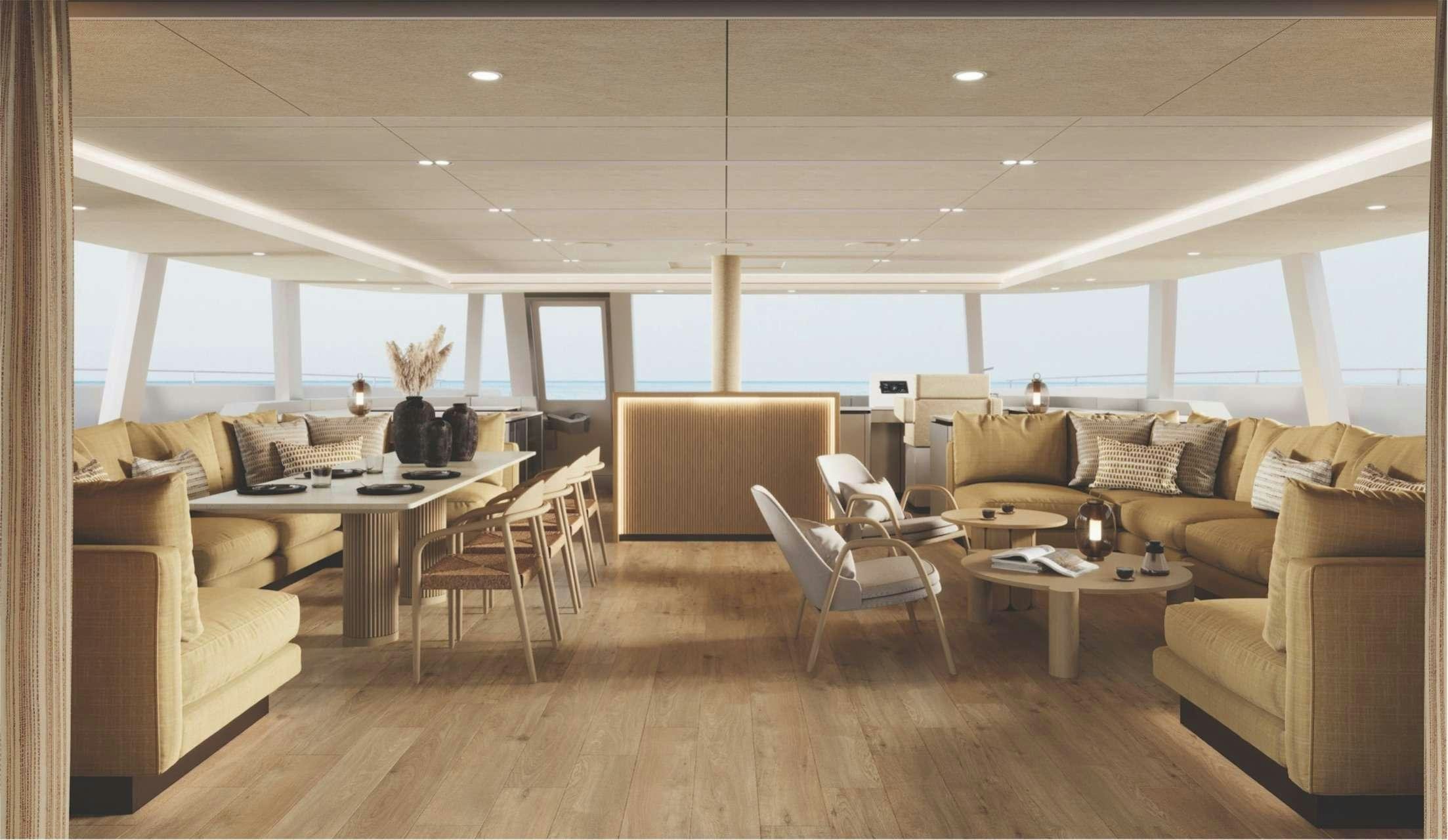 a living room with a wood floor aboard SUNREEF ECO 80 2024 Yacht for Charter
