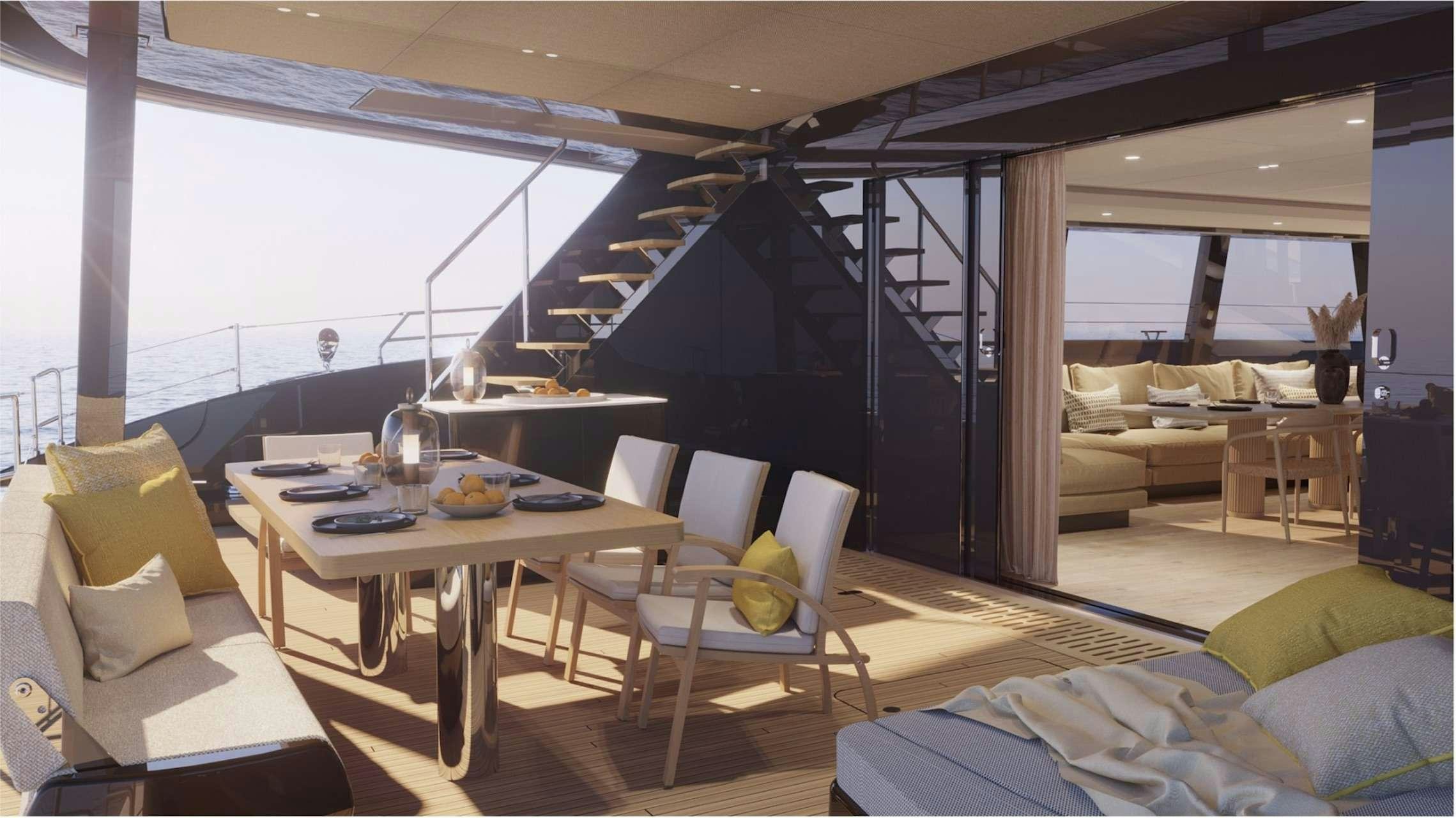 a room with a table chairs and a bed aboard SUNREEF ECO 80 2024 Yacht for Charter