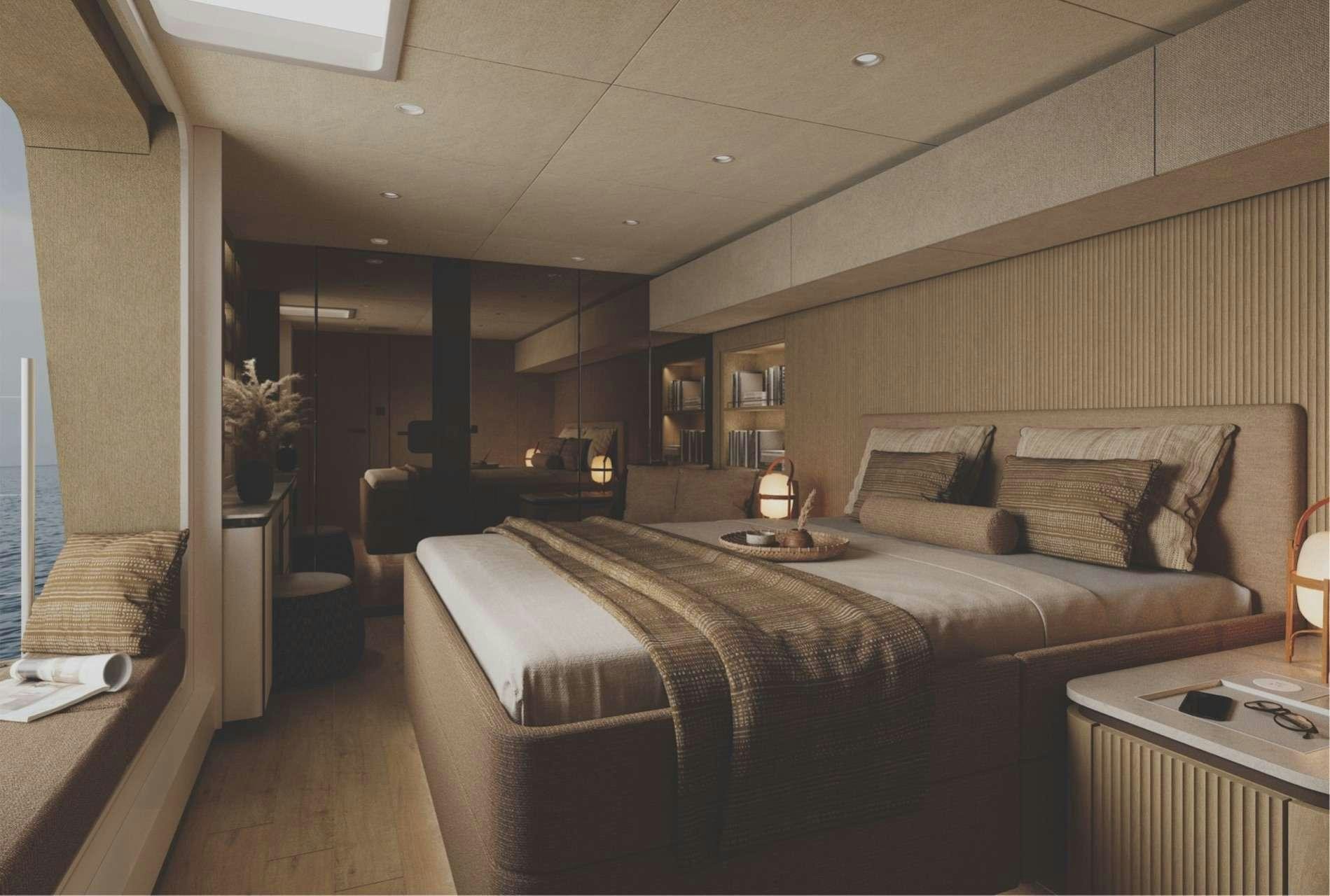 a bedroom with a bed and a desk aboard SUNREEF ECO 80 2024 Yacht for Charter