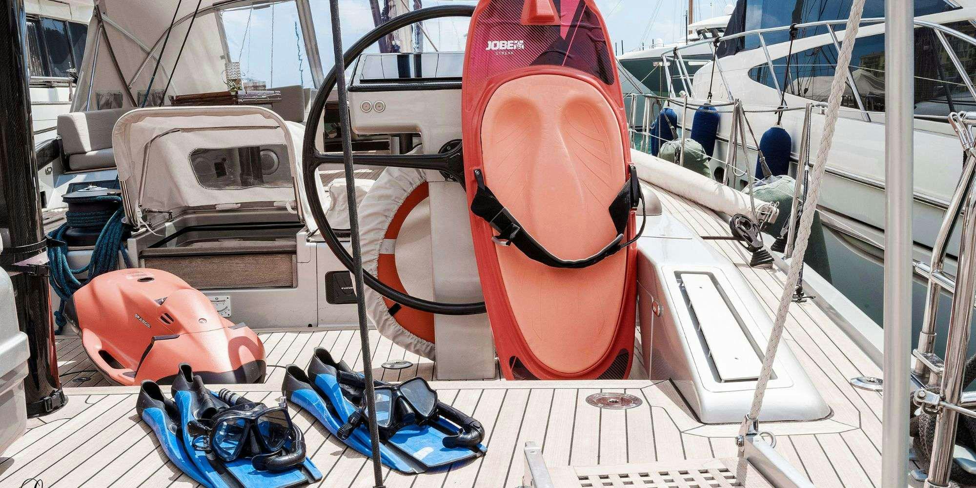 a helmet on a boat aboard LA LOEVIE Yacht for Charter