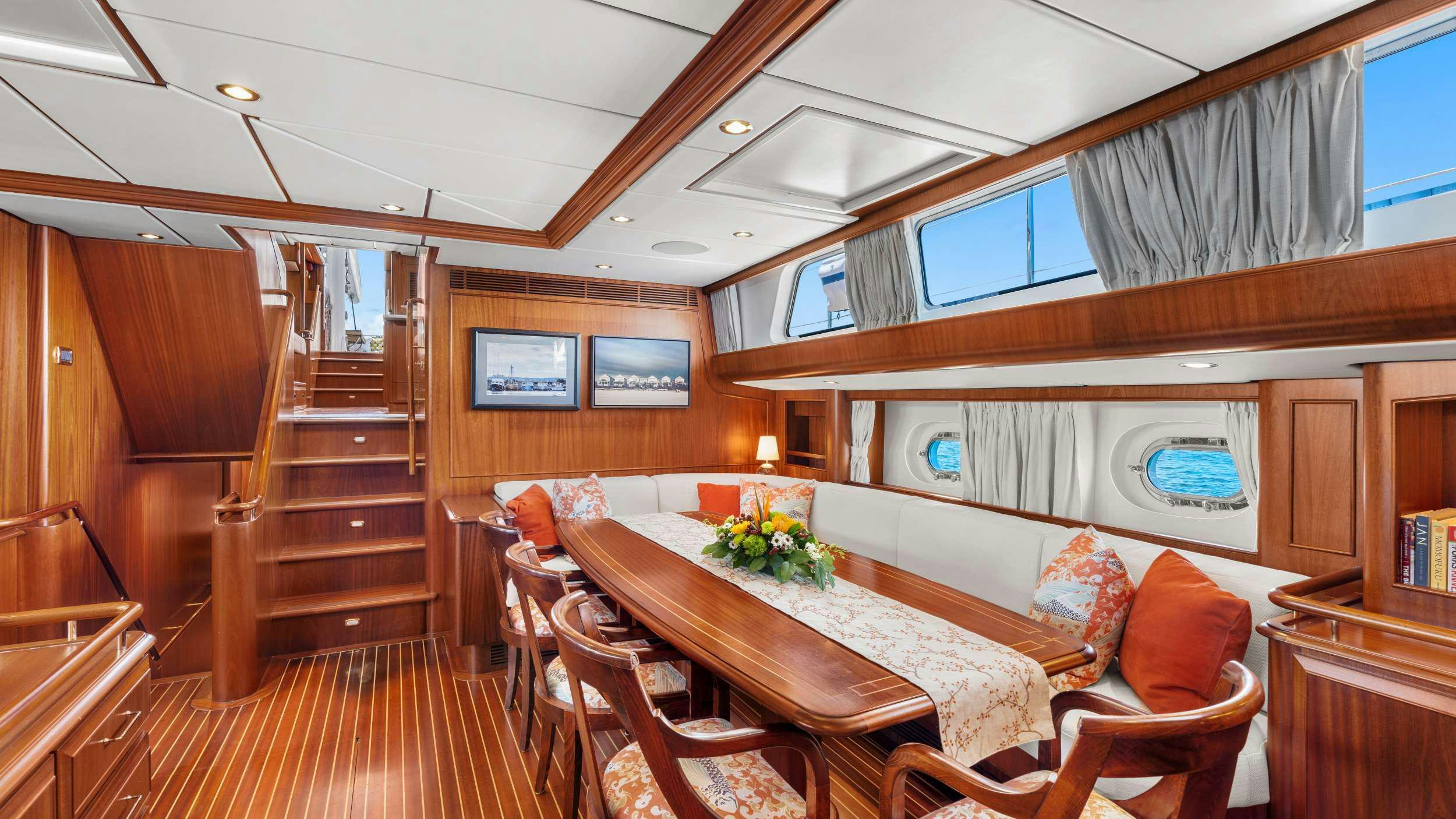 a room with a table and chairs aboard ABIDE Yacht for Charter