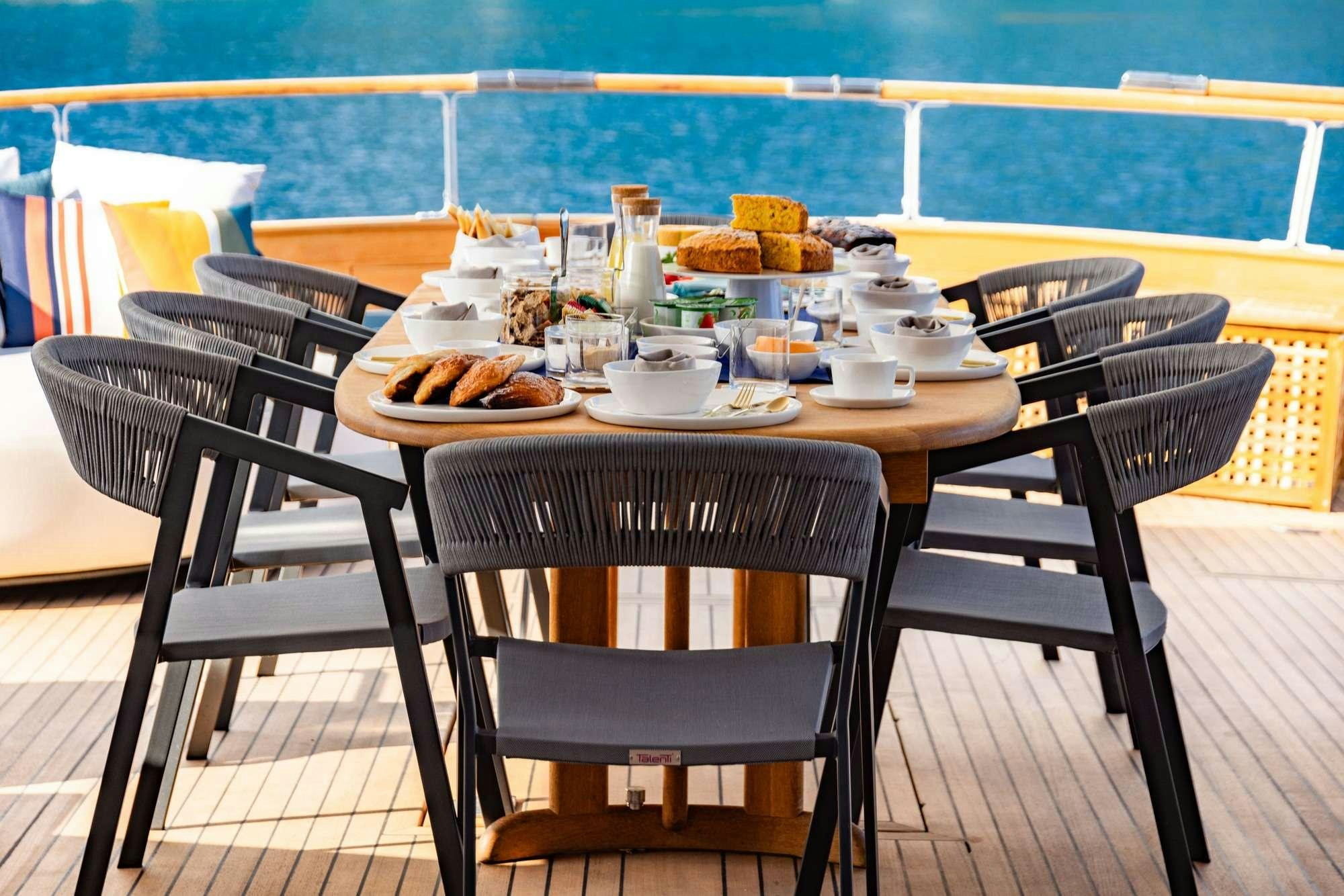 a table with plates of food on it aboard OLGA Yacht for Charter