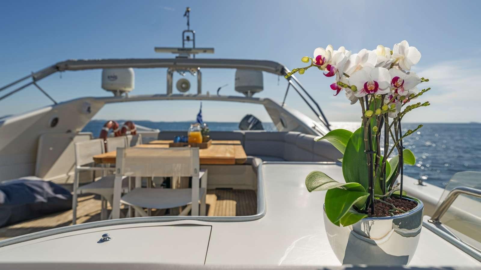 a boat with flowers on the front aboard ALFA Yacht for Charter