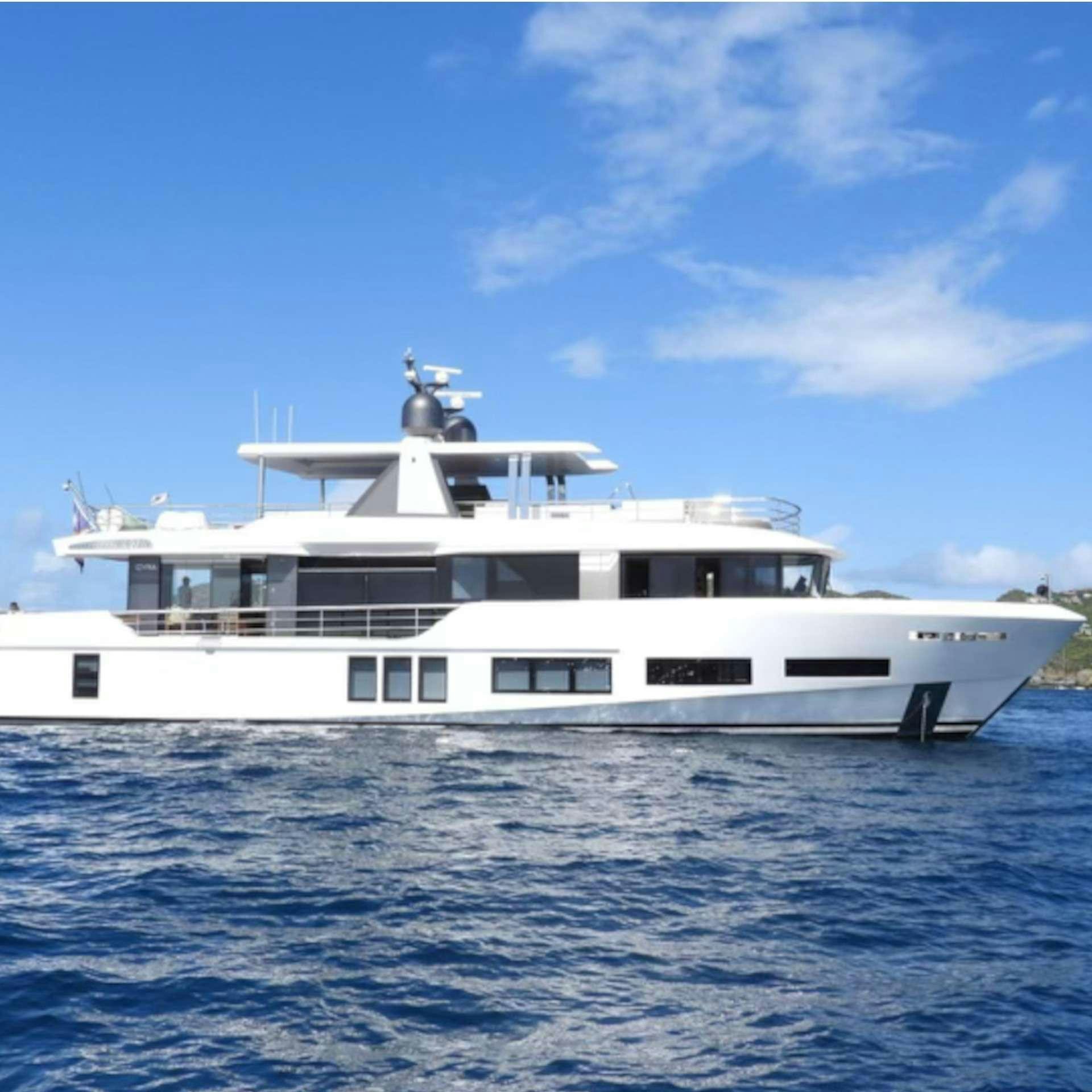 a white yacht in the water aboard CYRA Yacht for Charter