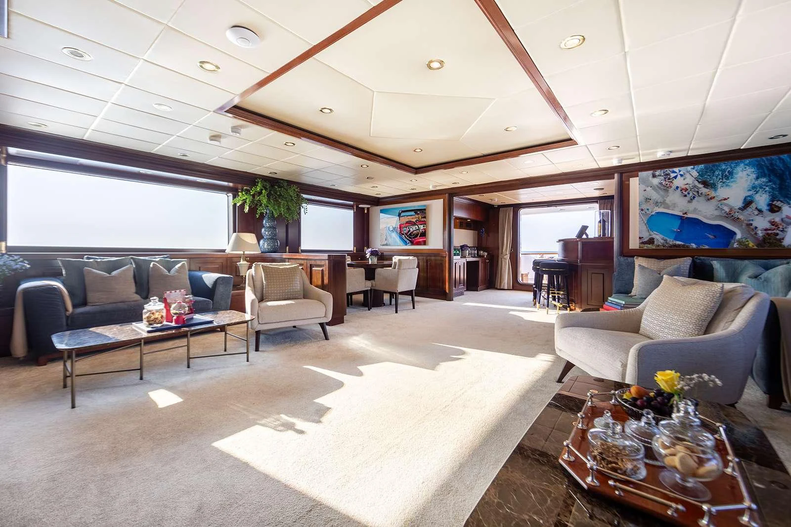 a living room with a large open floor plan aboard SOPHIE BLUE Yacht for Charter