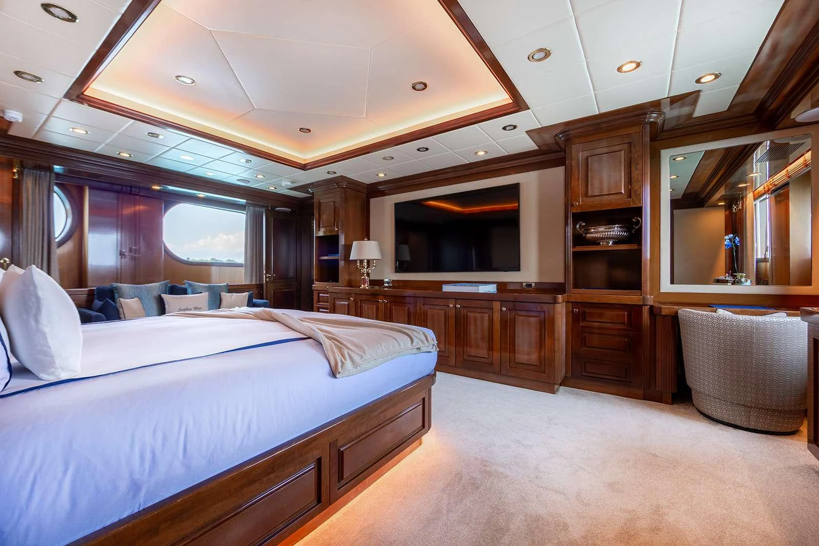a large bedroom with a large bed aboard SOPHIE BLUE Yacht for Charter
