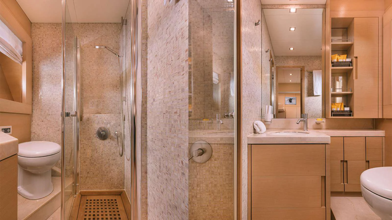 a bathroom with a shower and sink aboard SEAS THE DAY Yacht for Charter