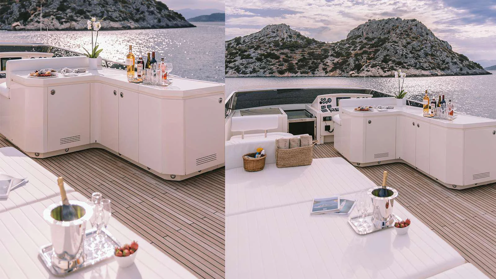 a white kitchen with a white table and chairs and a white table with a white table and a aboard SEAS THE DAY Yacht for Charter