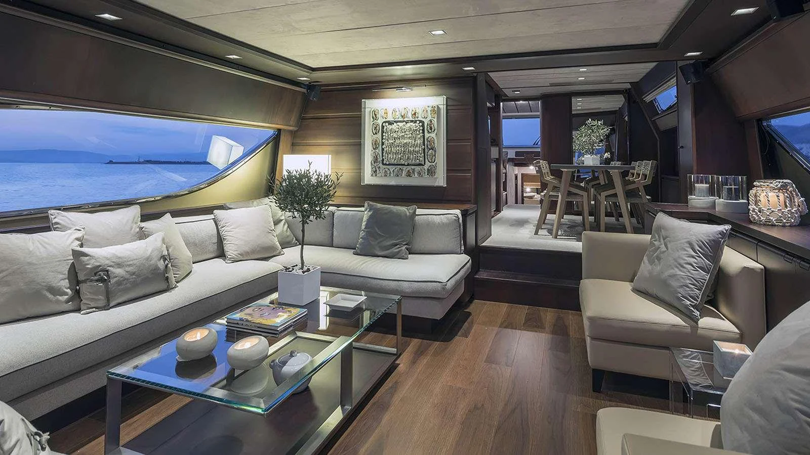 a living room with a large blue screen aboard LAZY DAYS Yacht for Charter