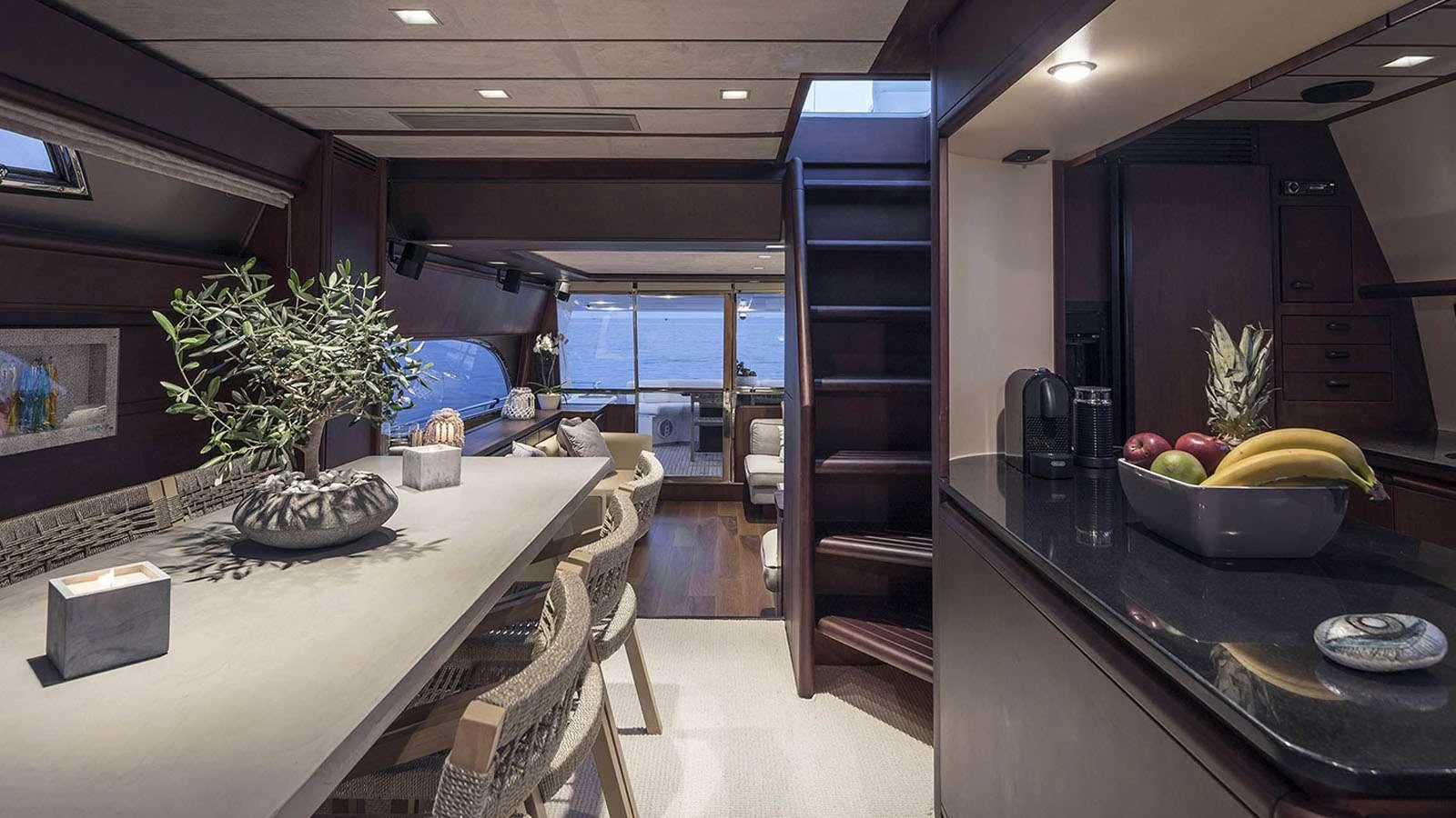 a kitchen with a large island aboard LAZY DAYS Yacht for Charter
