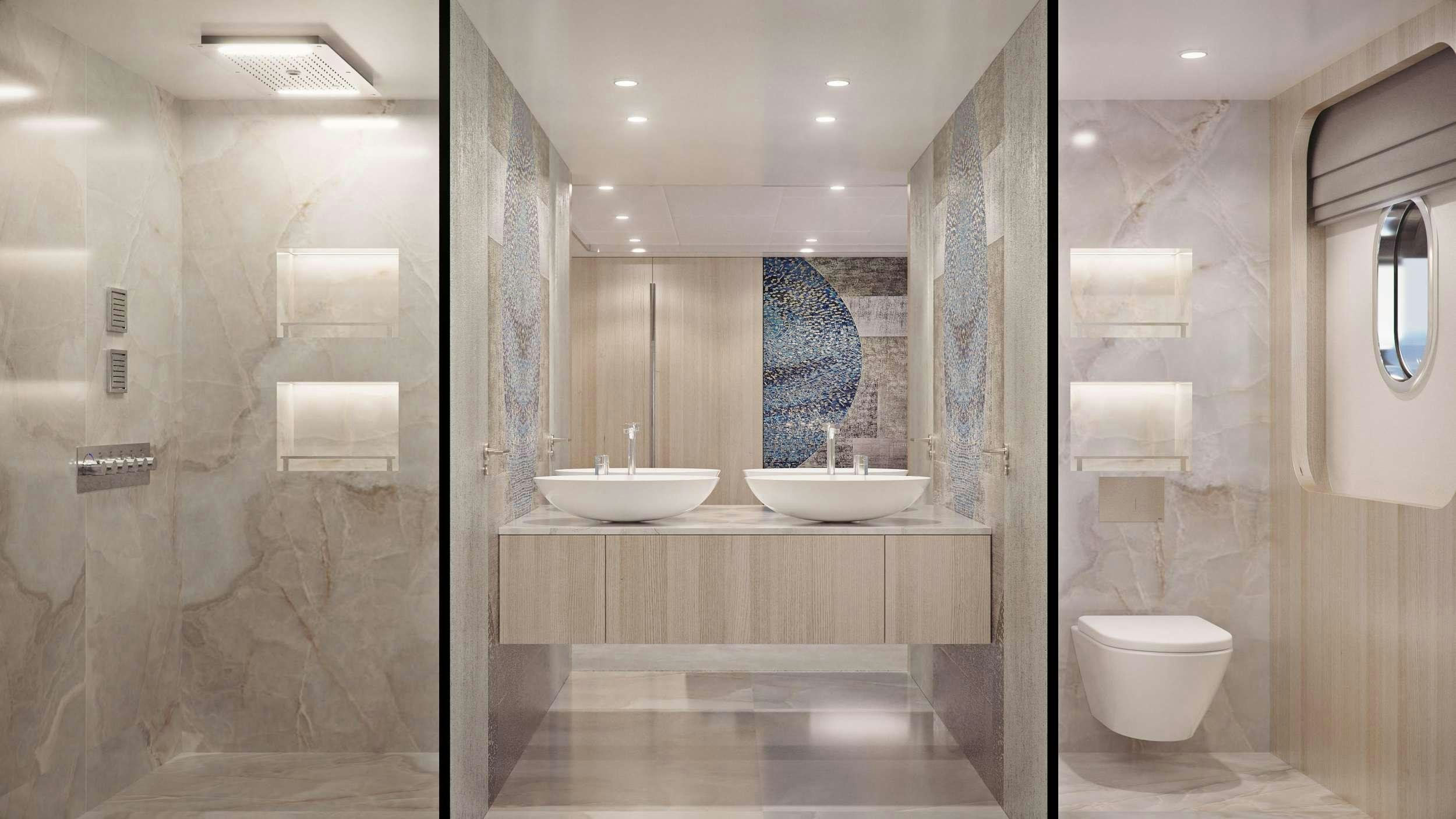 a bathroom with a large mirror aboard MAIA Yacht for Charter