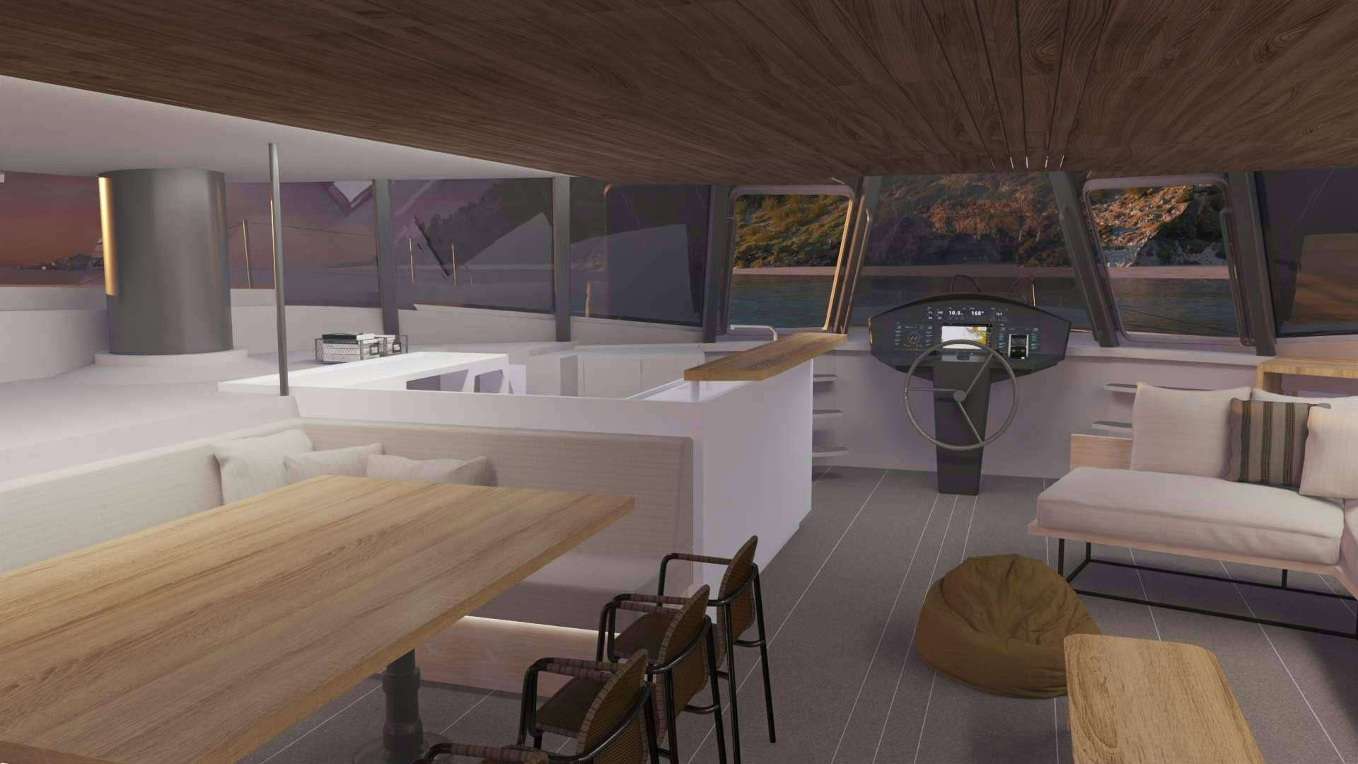 inside of a building with a table and chairs aboard GANANY Yacht for Charter