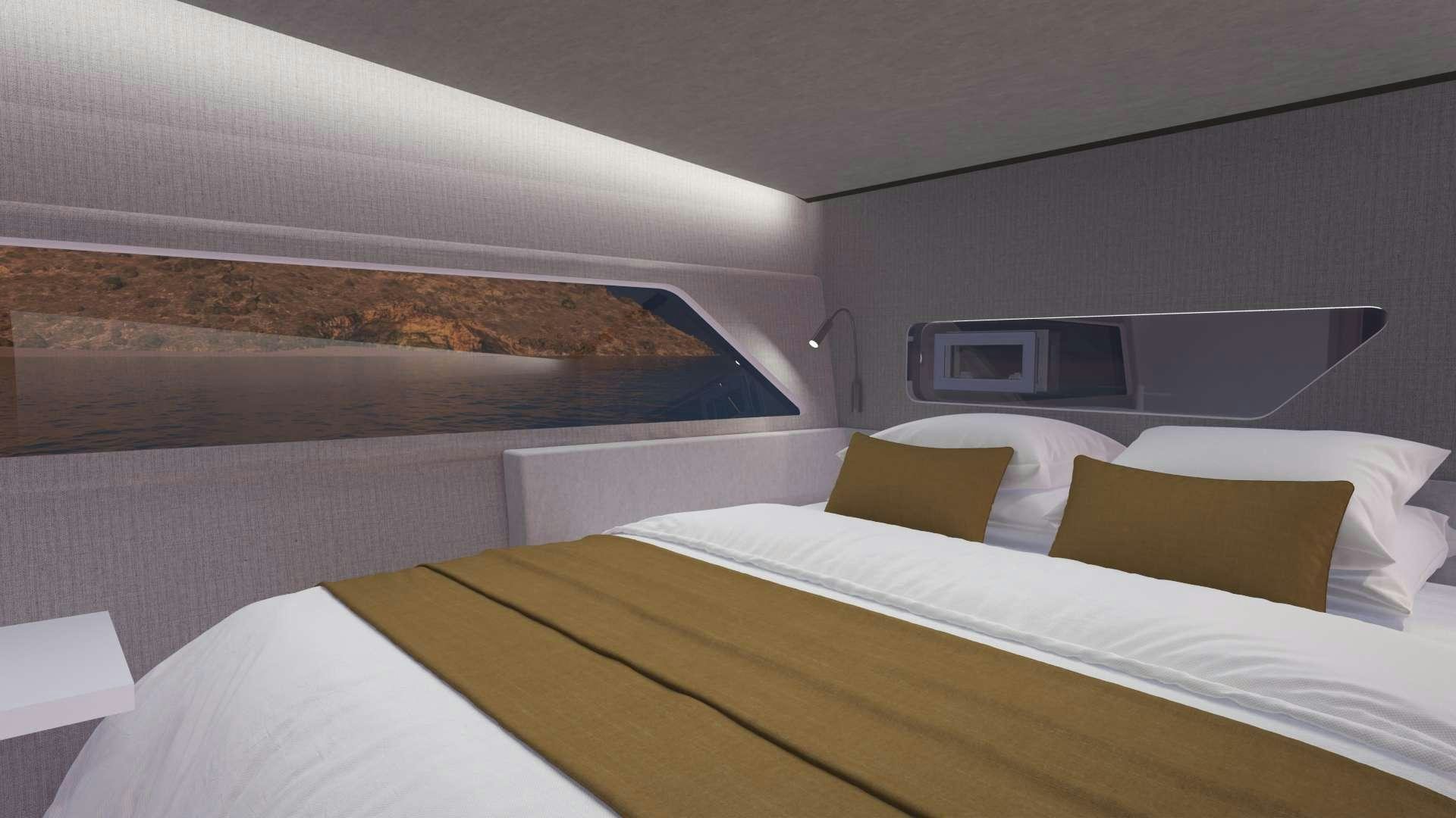 a room with a bed and a television on the wall aboard GANANY Yacht for Charter