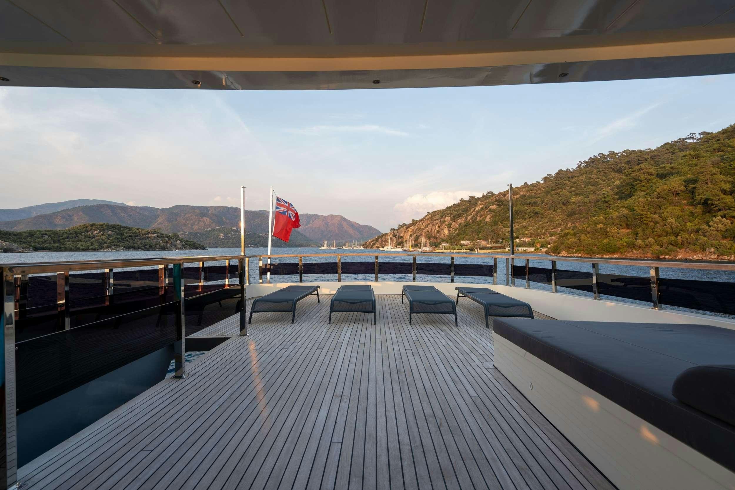 a deck with benches on it aboard IMPACT Yacht for Charter