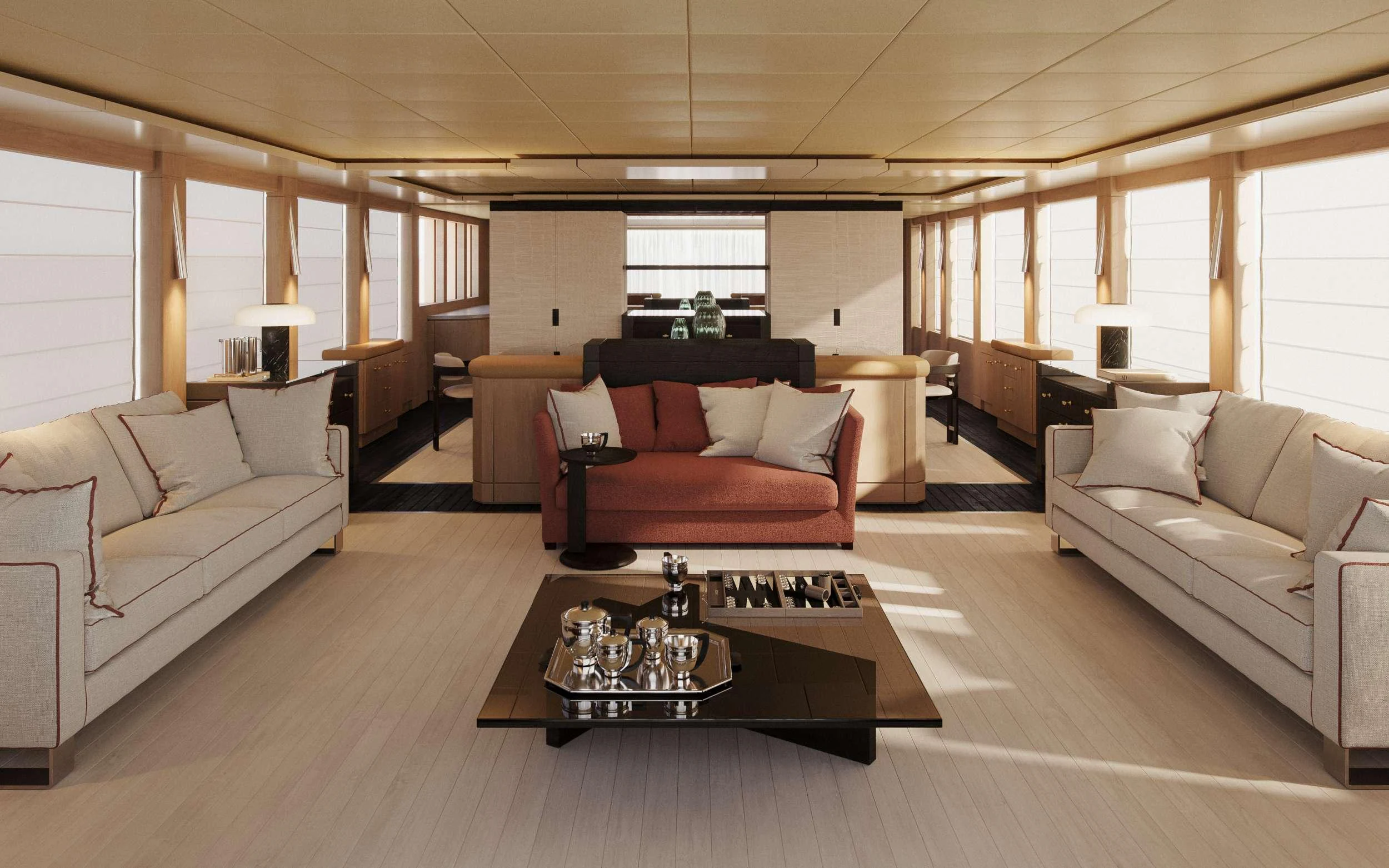 a living room with a couch and a coffee table aboard PENELOPE Yacht for Charter