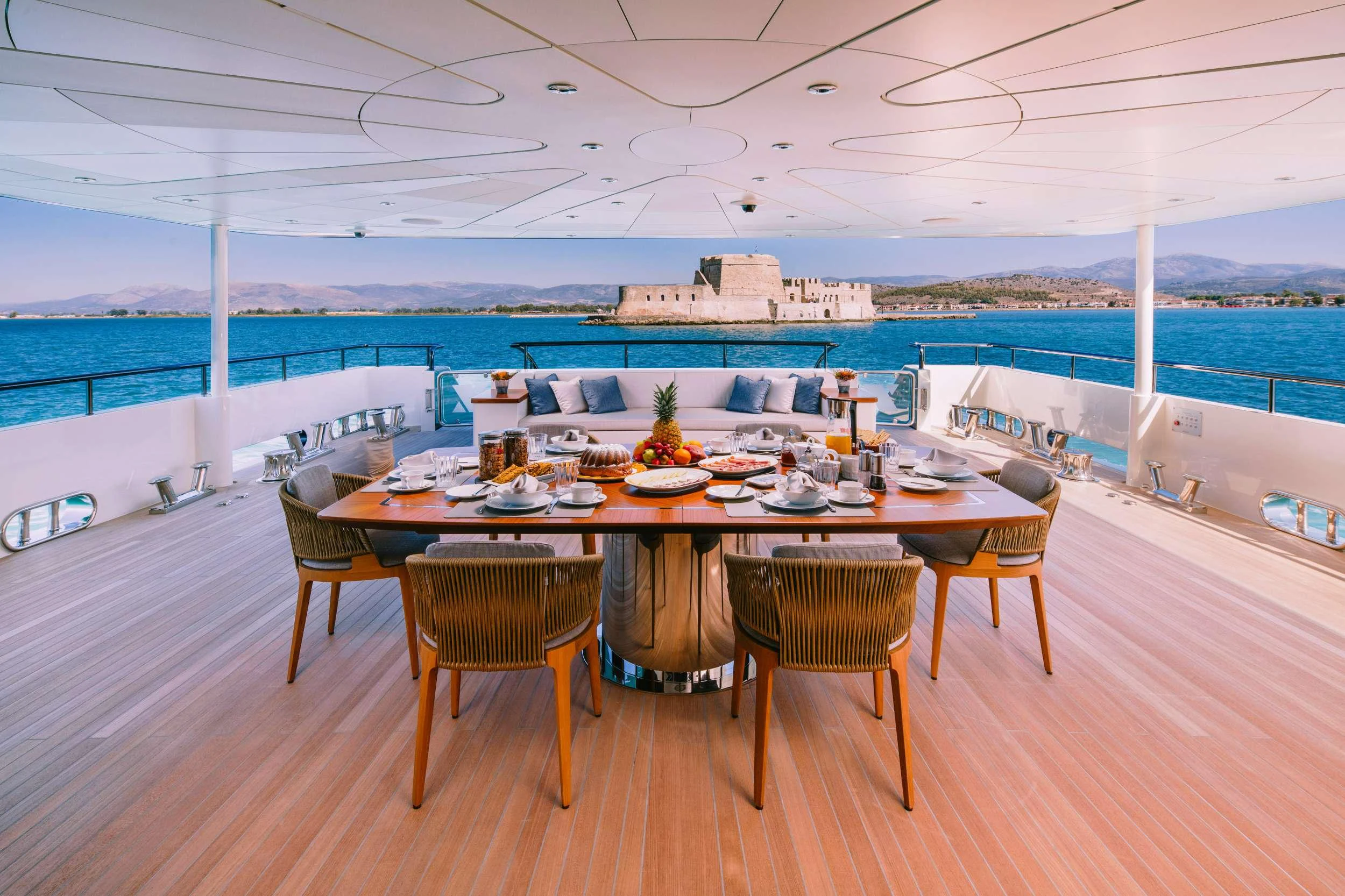a table set for a meal aboard XANA Yacht for Charter