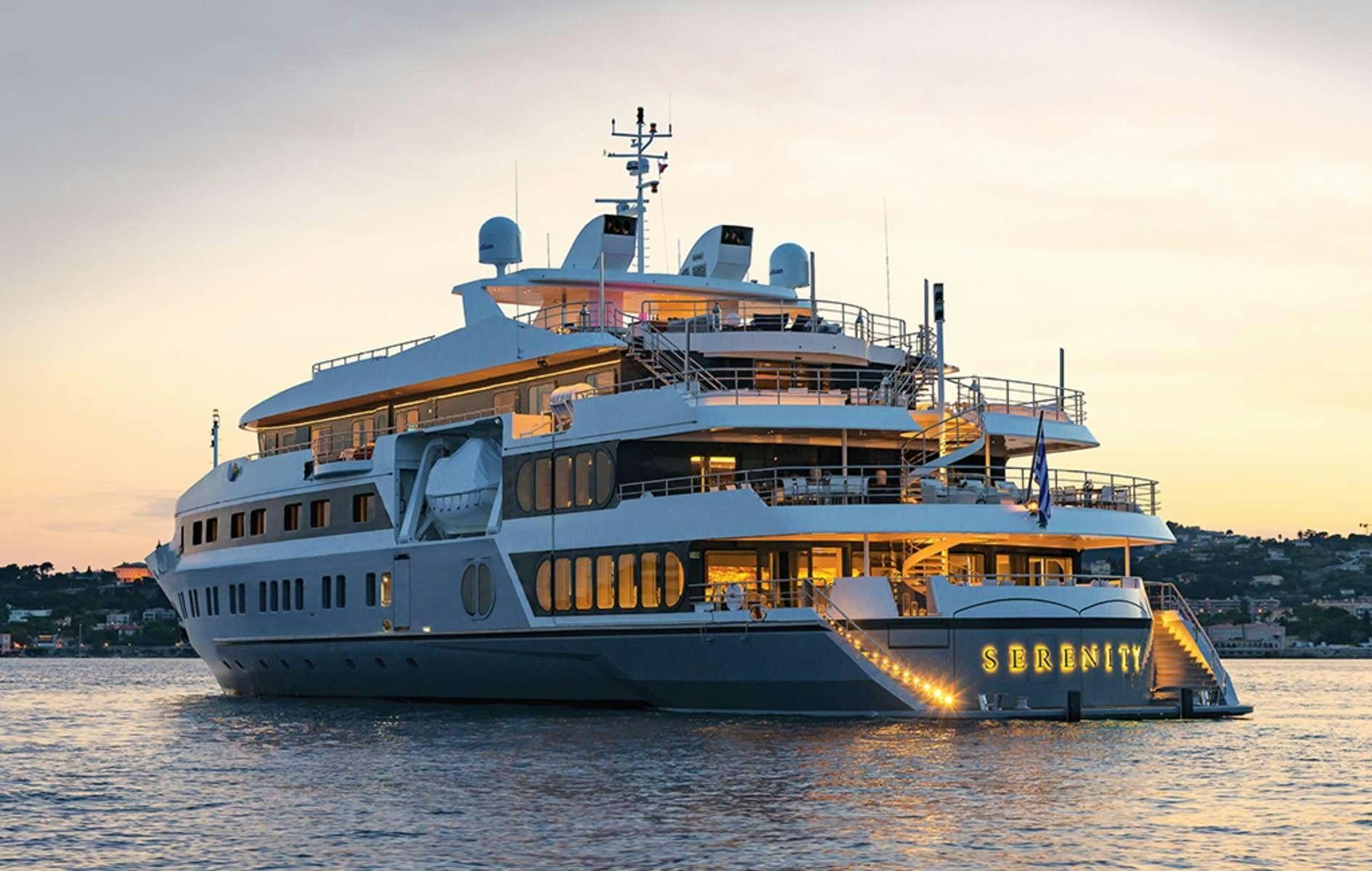 a large boat on the water aboard SERENITY Yacht for Charter